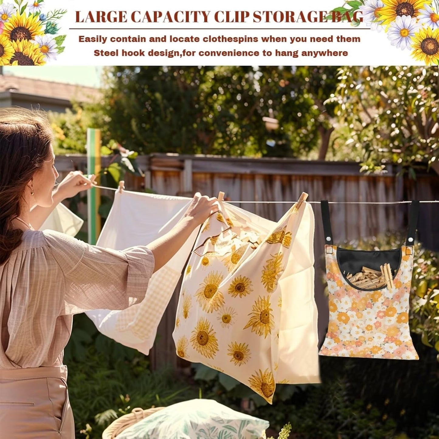 Clothes Pin Hanging Bag with Hanging Rope 14.5 X 12 Inch Clothespin Bag for Clothes Pins and Clothespins Heavy Duty Outdoor Use - Floral Yellow