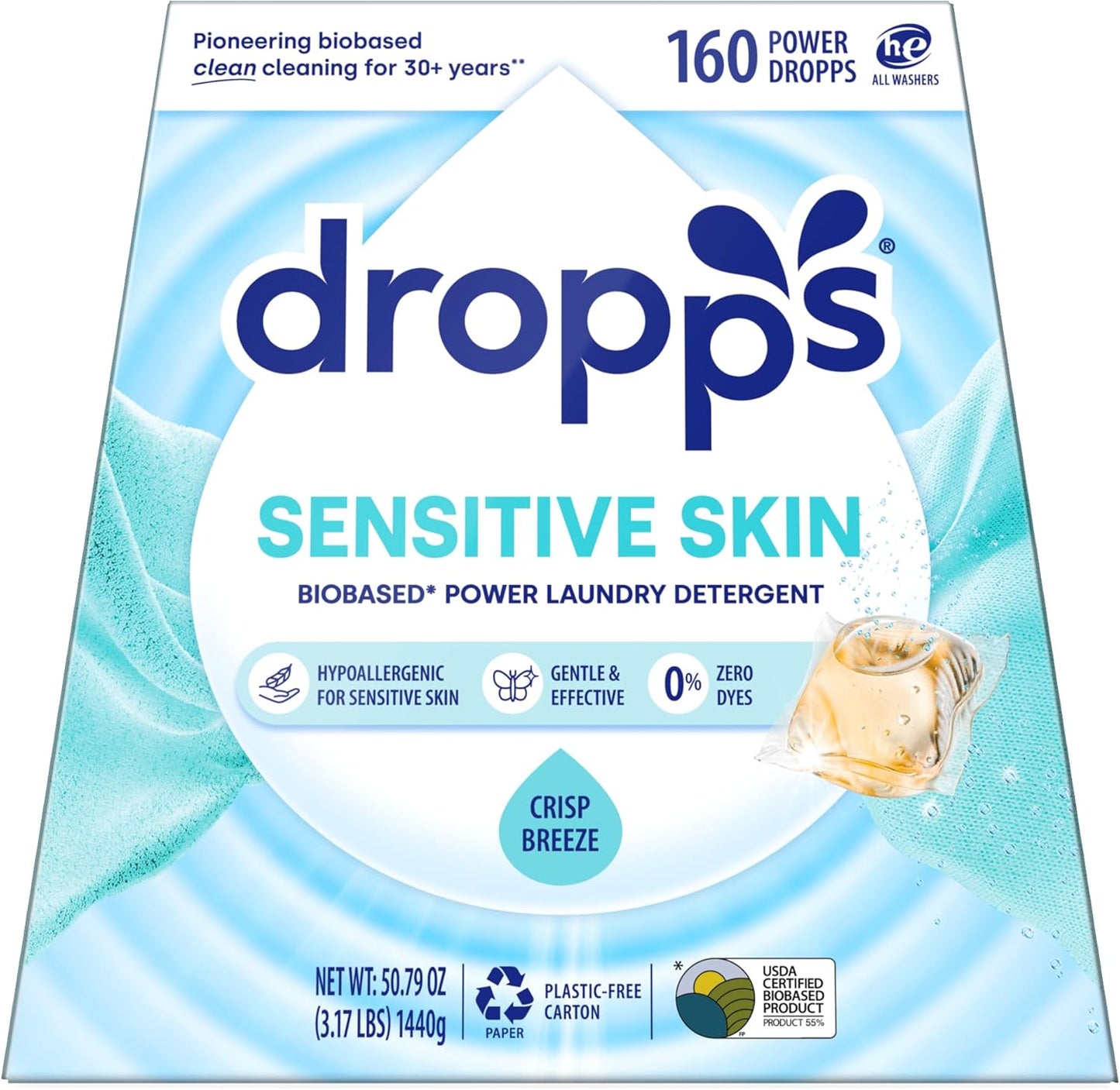 Dropps Sensitive Skin Laundry Detergent Pods, Crisp Breeze (160 Count) - Dermatologist Tested Laundry Pods - HE Compatible Laundry Supplies for Clean Clothes, Vegan & Dye-Free