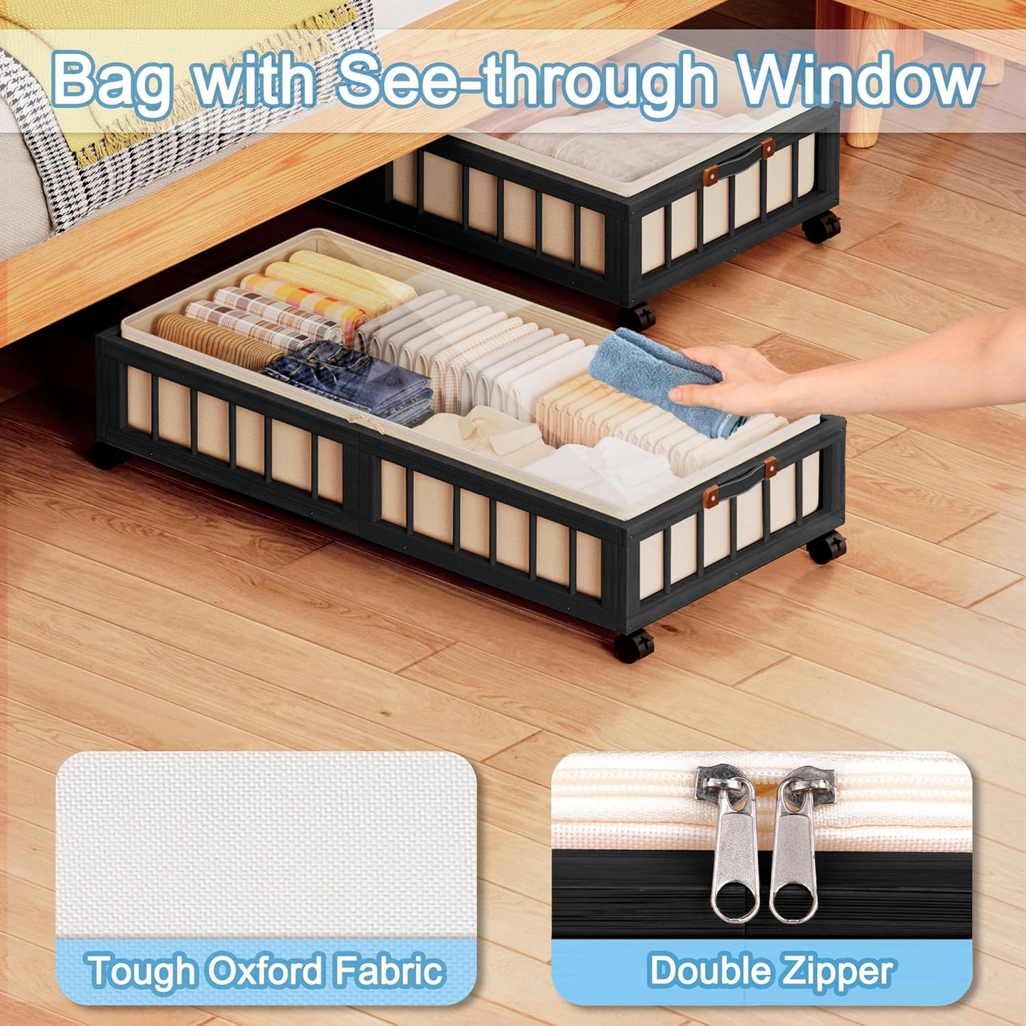 efluky 2-Pack Bamboo Under Bed Storage with Wheels, Rolling UnderBed Storage Basket with Large Dust Bag, Under Bed Storage Containers for Bedroom, Dorm and Basement, Black