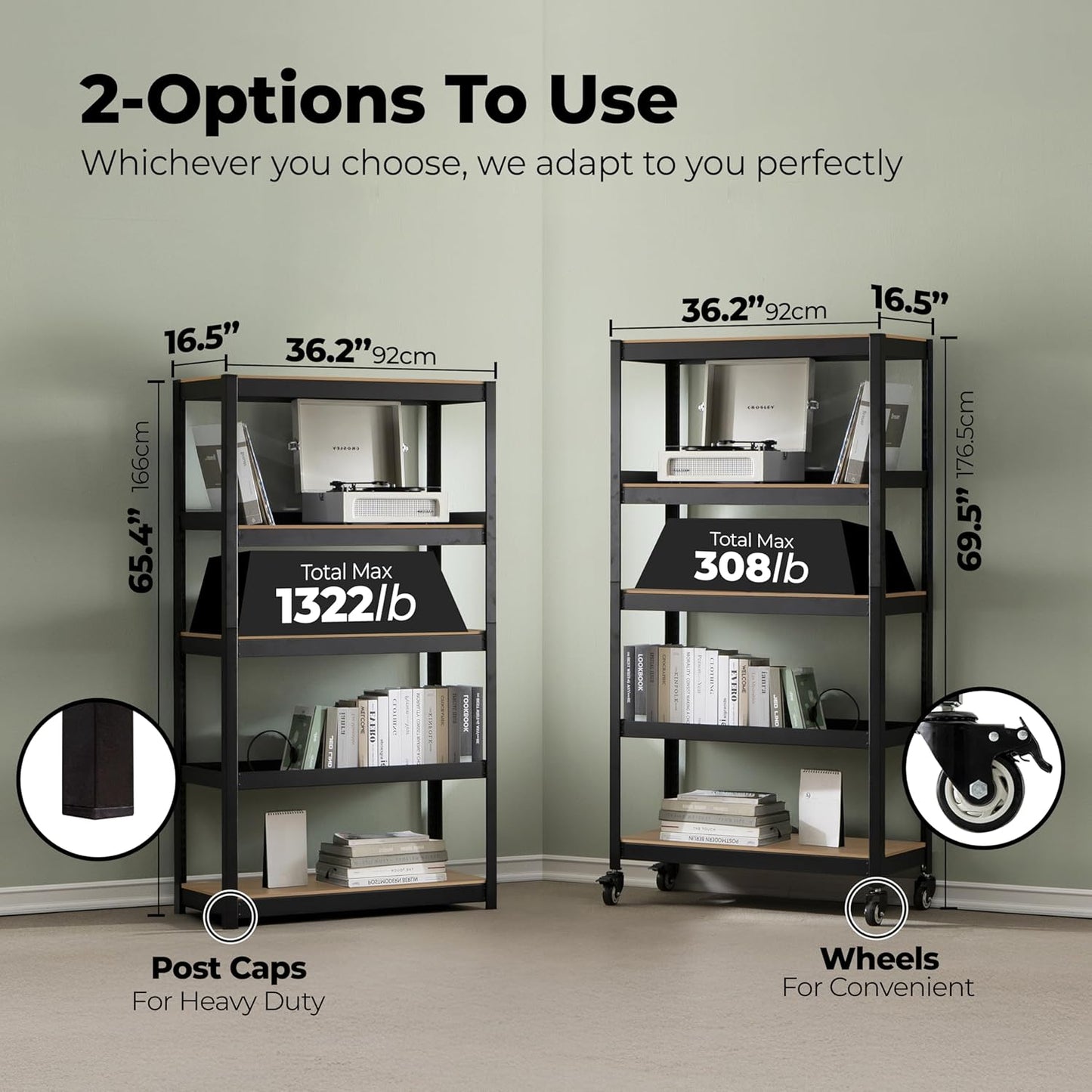 HOMEDANT House 5-Tier Metal Rolling Cart Shelf Rack Casters Heavy Duty Laminated Wheel Shelving Unit Adjustable Utility Storage Shelves Organizer Shelf Kitchen Garage 36.2" W x 16.5" D x 69.5" H 2Pack