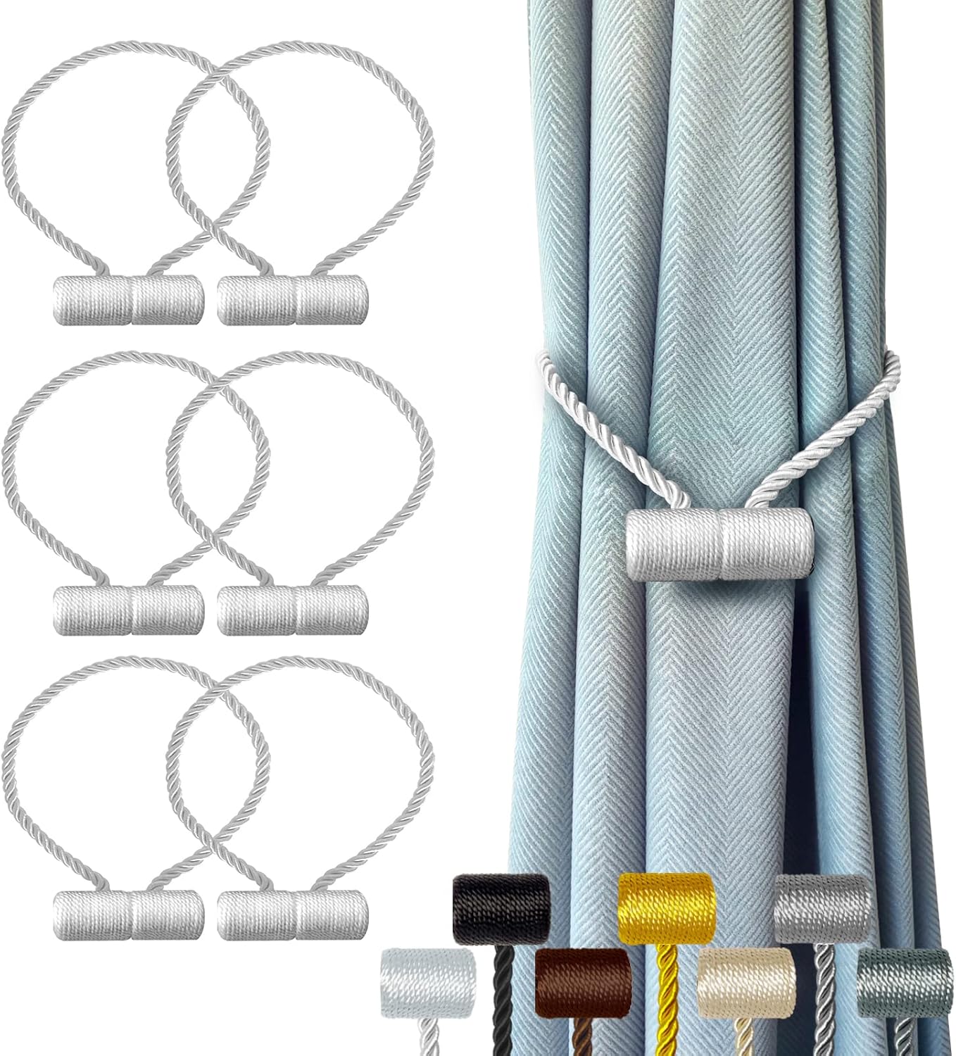 Hion Magnetic Curtain Tiebacks White 6 Pack, Curtain Tiebacks Buckles Holdbacks Holders Hooks Clip for Home Bedroom Office Decorative Thick or Thin Curtain
