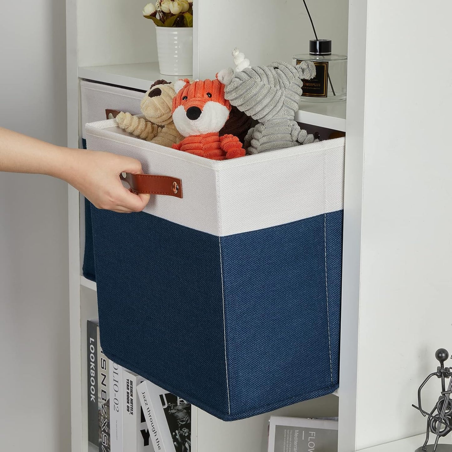 DULLEMELO 13 inch Cube Storage Bins, Gift Baskets Empty for Boy Girl Mother Father Christmas Festival,Fabric Storage Bins Cube Organizer Baskets With Leather Handles(White&Blue-4 Pack)