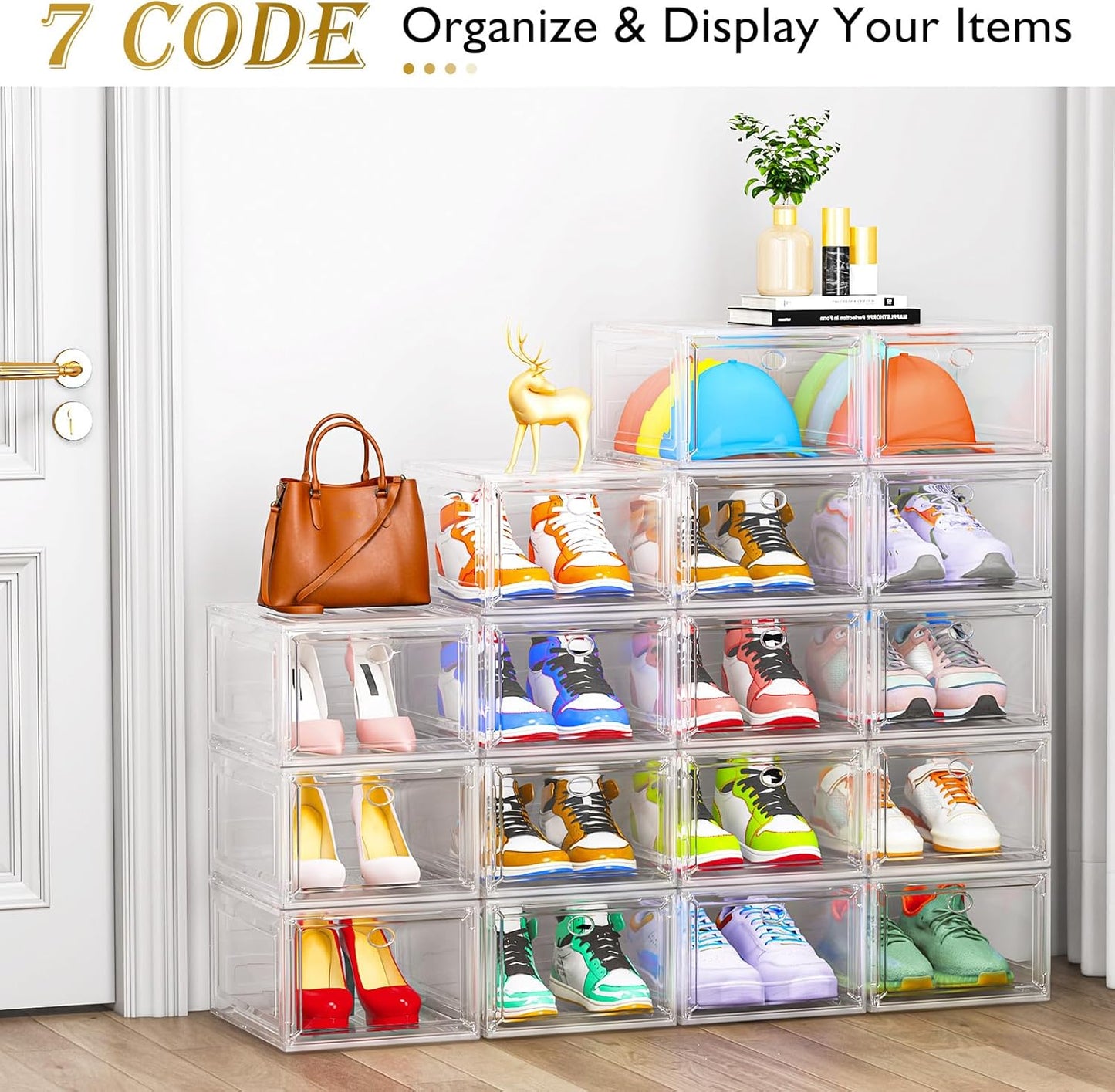 7 code Large Clear Shoe Boxes Organizer【Thicker Material】 Stronger Shoe Box with Magnetic Door, Stackable Shoe Storage Box for Closet, Foldable Space-Saving Storage Bins Shoe Cabinet, White 9 Pack