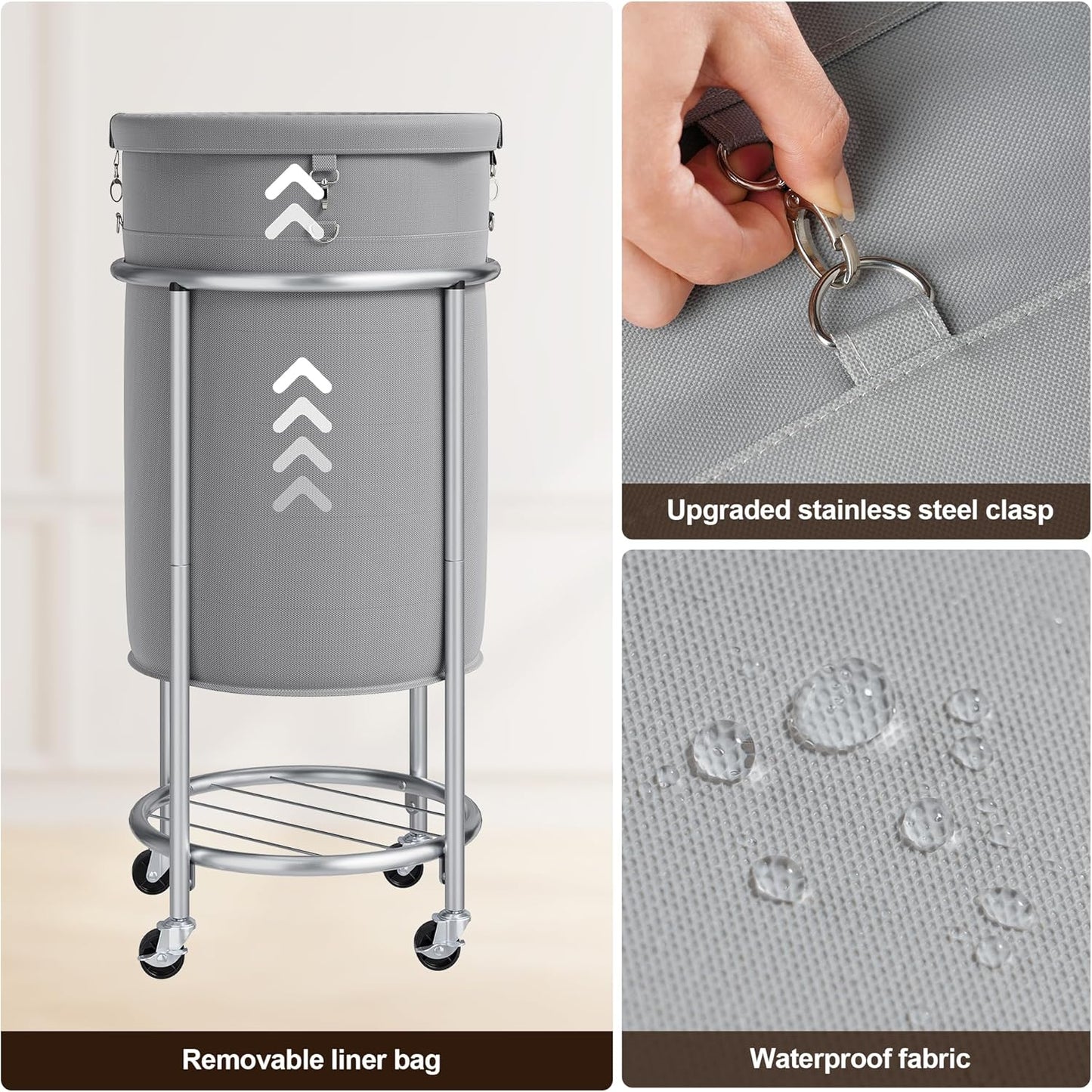 ELYKEN Laundry Hamper with Wheels, 110L Rolling Laundry Basket, Round Laundry Cart with Steel Frame and Removable Bag, 4 Casters and 2 Brakes, Dirty Clothes Hamper for Hotel, Home, Closet, Dorm, Gray