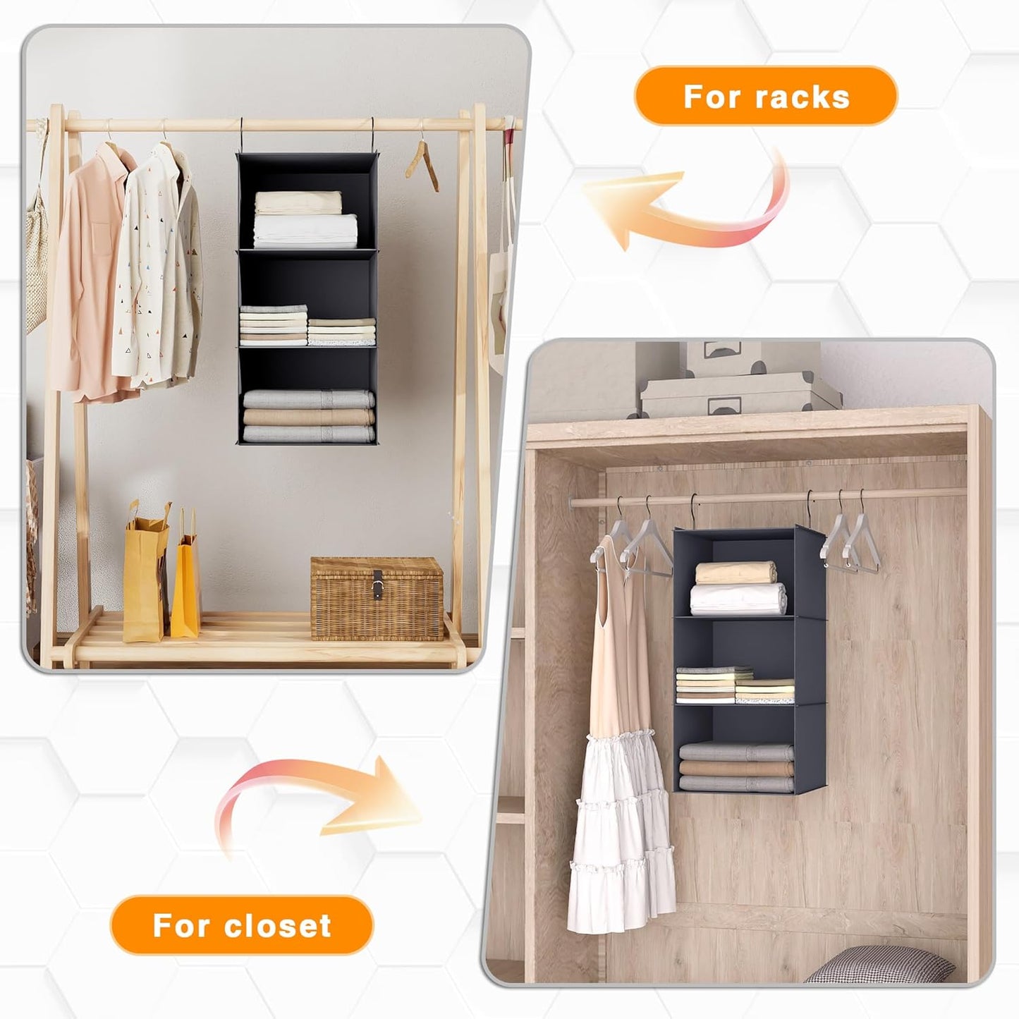 Hanging Closet Organizer and Storage 3-Shelf, Easy Mount Foldable Hanging Closet Wardrobe Storage Shelves, Clothes Handbag Shoes Accessories Storage, Washable Oxford Cloth Fabric, Dark Gray