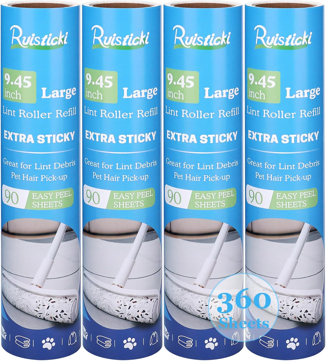 9.45 inch Lint Roller Refills for 9.4'' - 9.5'' Large Lint Rollers Extra Sticky Roller Refills Replacment for PetLovers Delomo and More Floor Rollers 90 Sheets per Refill, 4 Pack, 360 Sheets Total