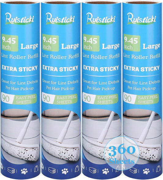 9.45 inch Lint Roller Refills for 9.4'' - 9.5'' Large Lint Rollers Extra Sticky Roller Refills Replacment for PetLovers Delomo and More Floor Rollers 90 Sheets per Refill, 4 Pack, 360 Sheets Total