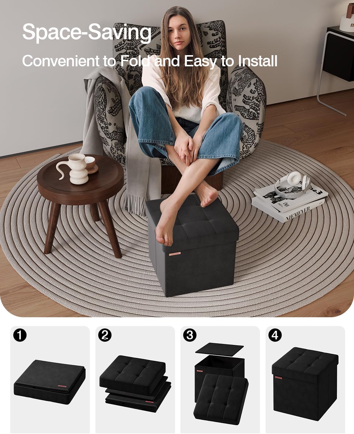 Folding Storage Ottoman, Velvet Storage Bench, Footrest, Footstool, for Living Room, Bedroom and Office,15 x 15 x 15 Inches, 300 kg Load Capacity, Ink Black,UASND04B