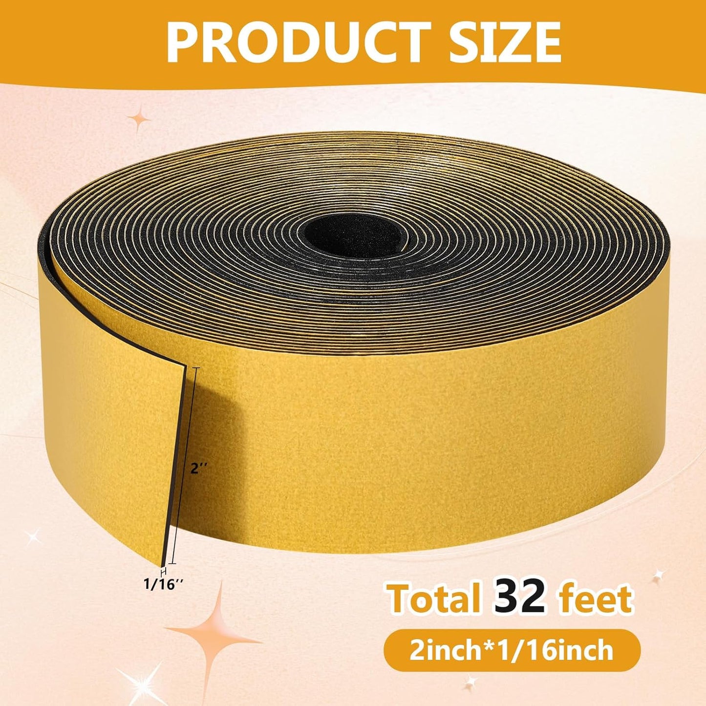 32Feet Weather Stripping Seal (2 Inch X 1/16 Inch) for Door Window, High Density Foam Tape, Soundproofing, Insulation Strip, Door Sealers for Door Frame- Black