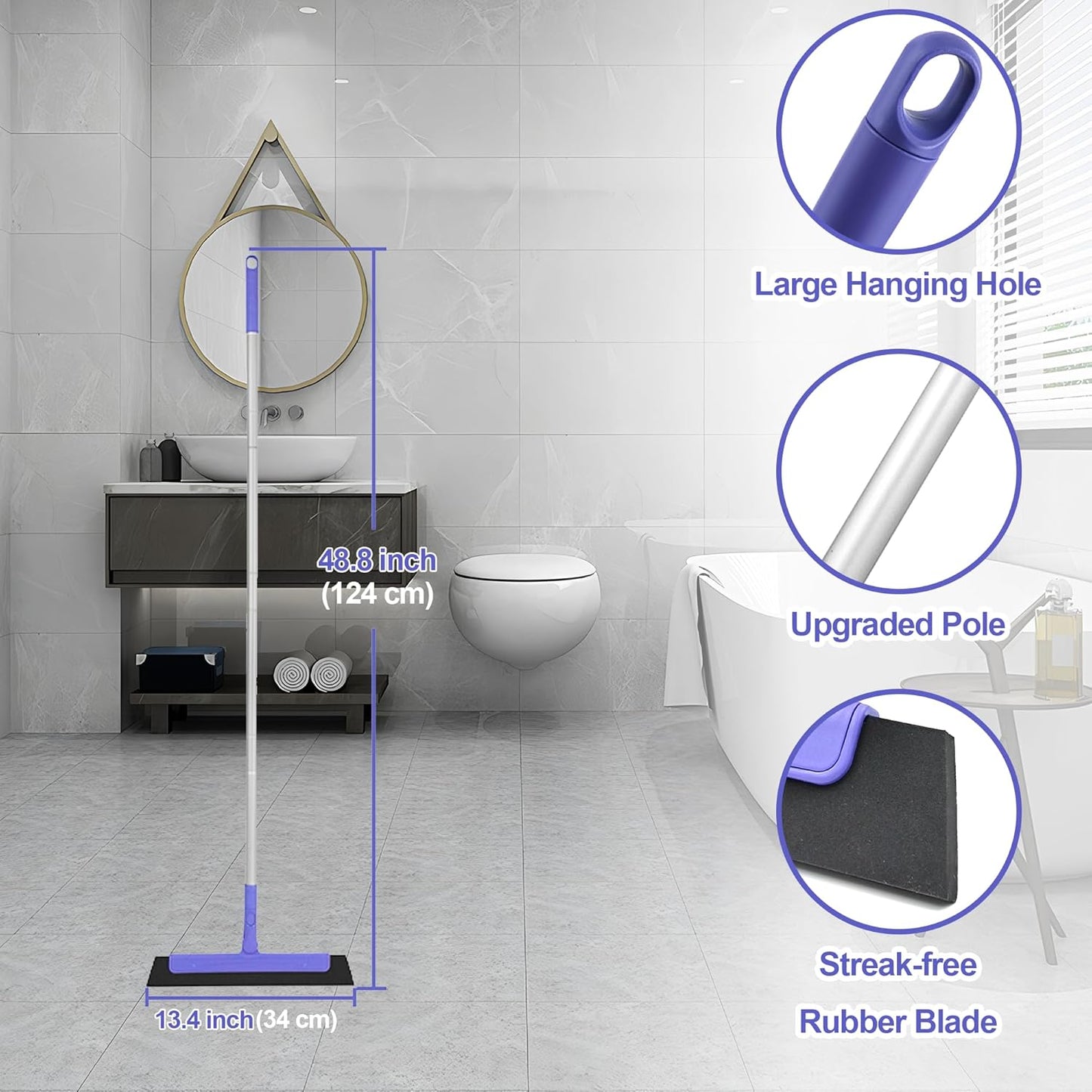 Floor Squeegee for Tile Floor and Shower Glass, Broom Rubber Blade with 48.4" Aluminum Long Handle, Water Blade Foam Pet Hair Wiper for Window Cleaning, Home, Garage, Bathroom, and Kitchen