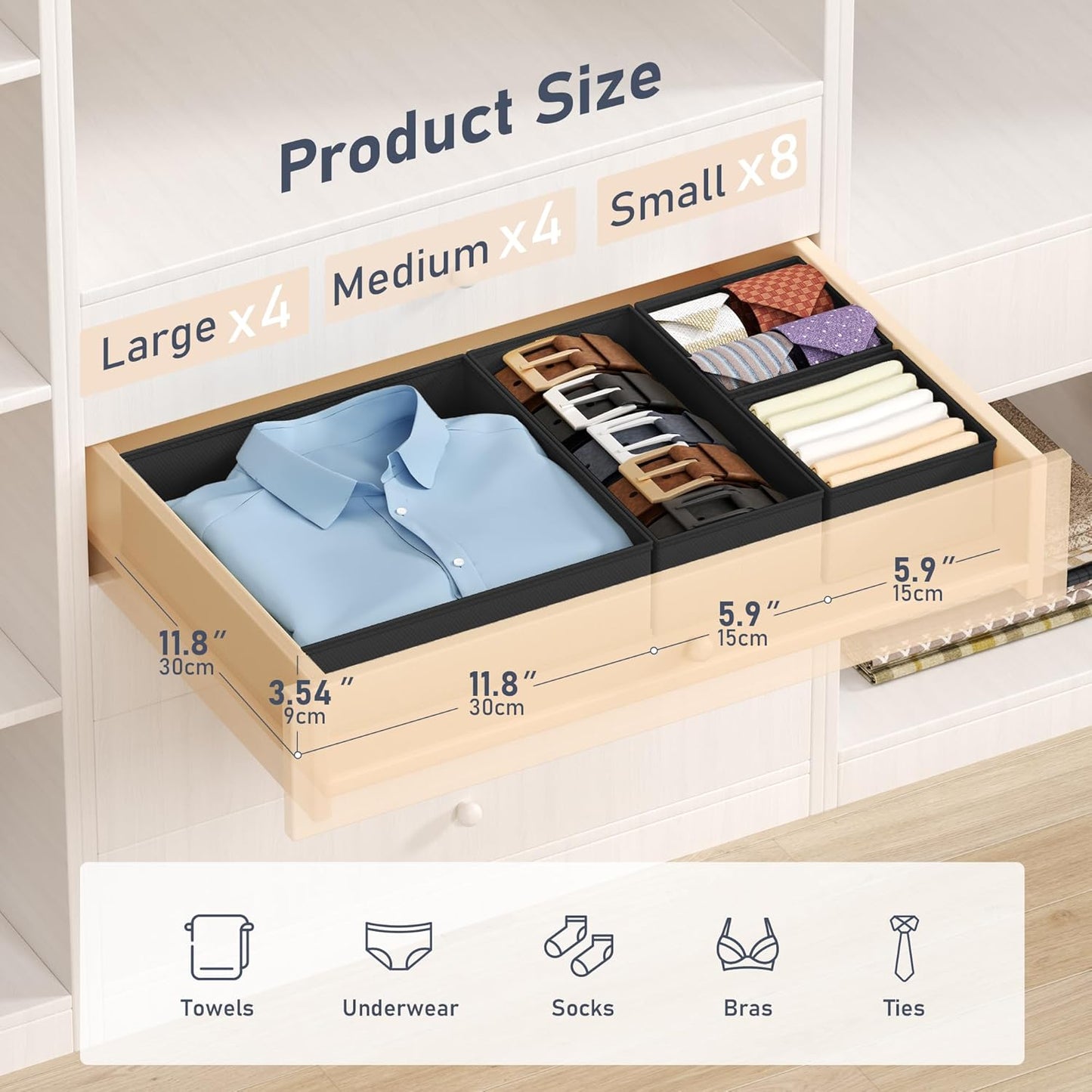 DIMJ Drawer Organizer Clothes - 16 Pack Baby Dresser Organizer for Nursery, Foldable Drawer Organizer Bins for Closet Bedroom Organization, Fabric Clothes Storage Dividers for Underwears, Socks, Bras