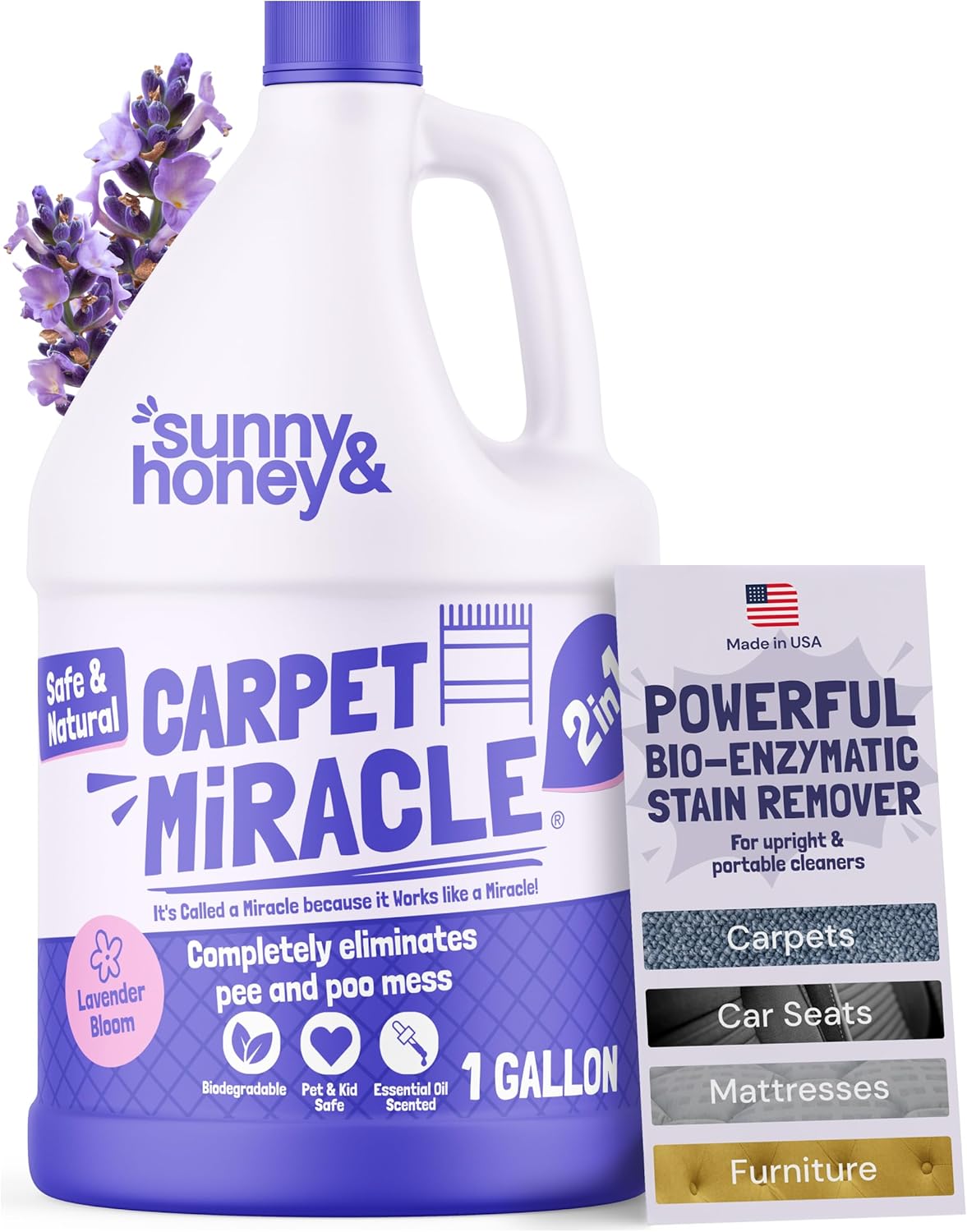 Sunny & Honey Carpet Cleaner Shampoo - 128 Fl Oz, Light Lavender Scent - Pet Stain Remover & Odor Eliminator - Rug Cleaner & Upholstery Cleaner Solution for Machine Use