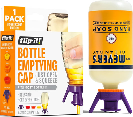 Flip-It! 1-Pack Bottle Emptying Kit – No More Wasted Product - Fits Most Plastic Bottles – Get Out Every Drop of Shampoos, Lotions, & More – 1 Base Cap, 3 Adapters – Bright Color Edition