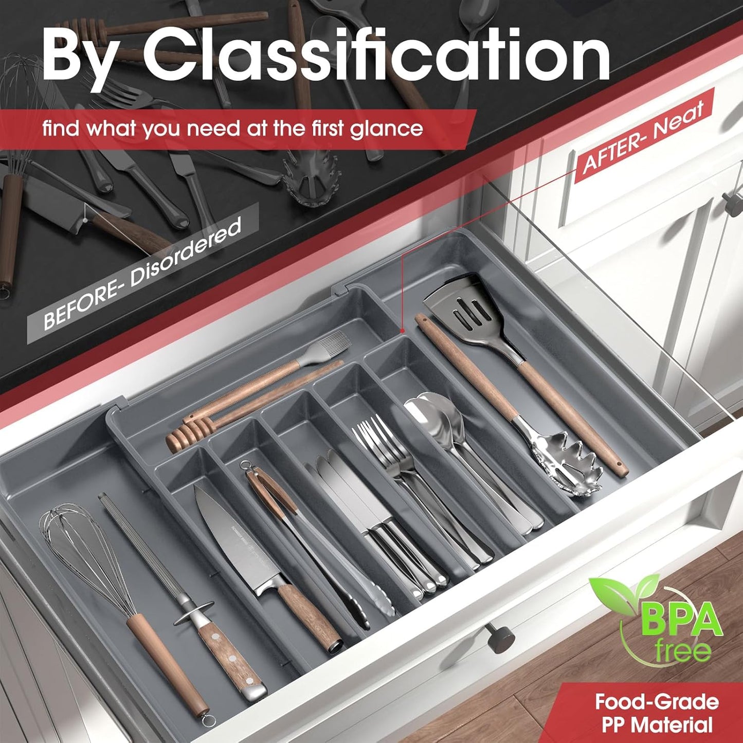 Aujen Silverware Organizer - Expandable Kitchen Drawer Organizer, Adjustable Utensil Organizer, Cutlery Tray for Forks, Knives, Multipurpose Kitchen Organizers and Storage Solution, Grey, Large