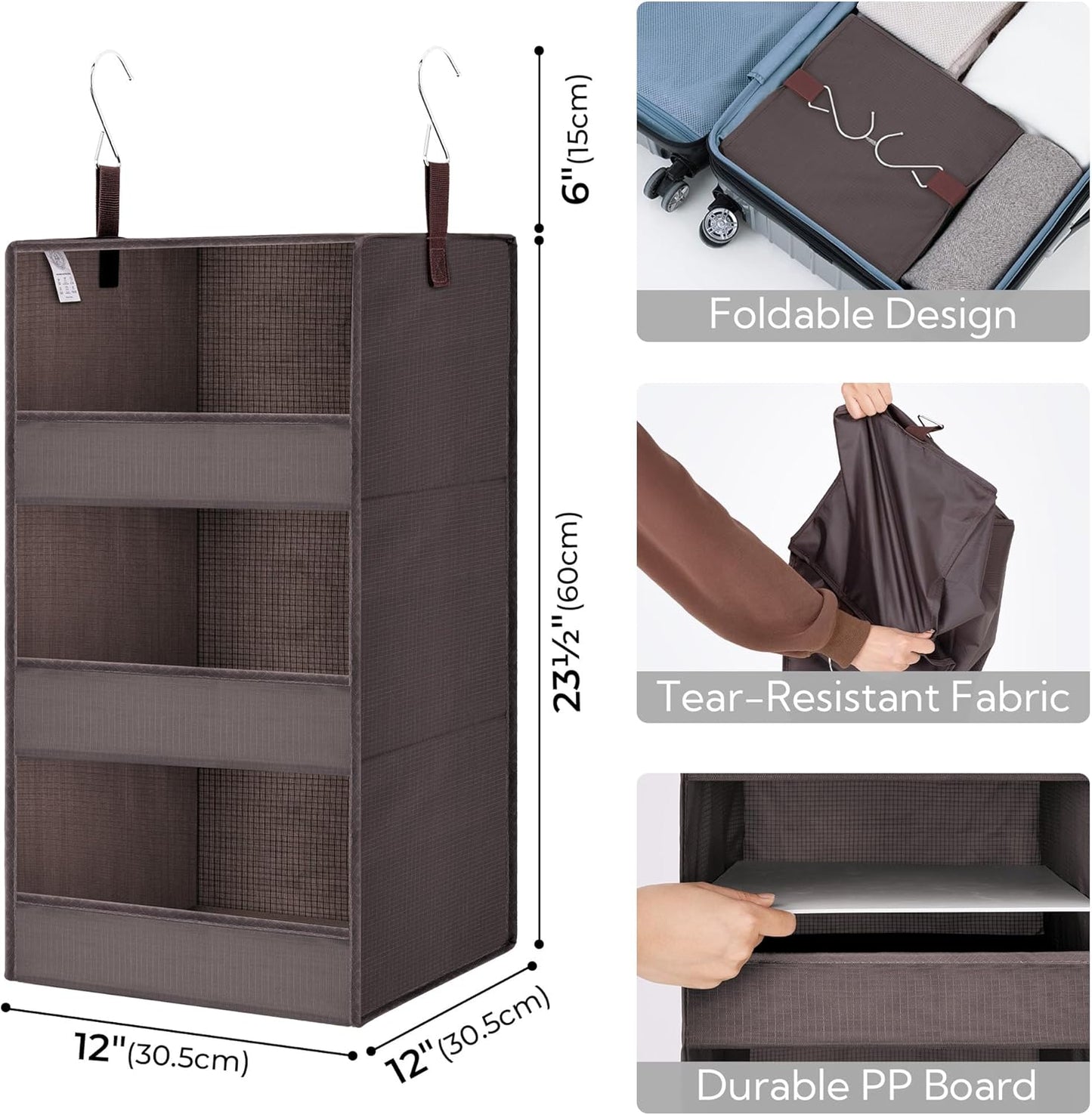 GRANNY SAYS 3-Shelf Closet Organizers and Storage, Foldable Hanging Closet Organizer, Hanging Closet Shelves with 2 Metal Hooks, Leak-Proof Hanging Shelves for Closet, Bedroom, RV, Camper, Dark Brown