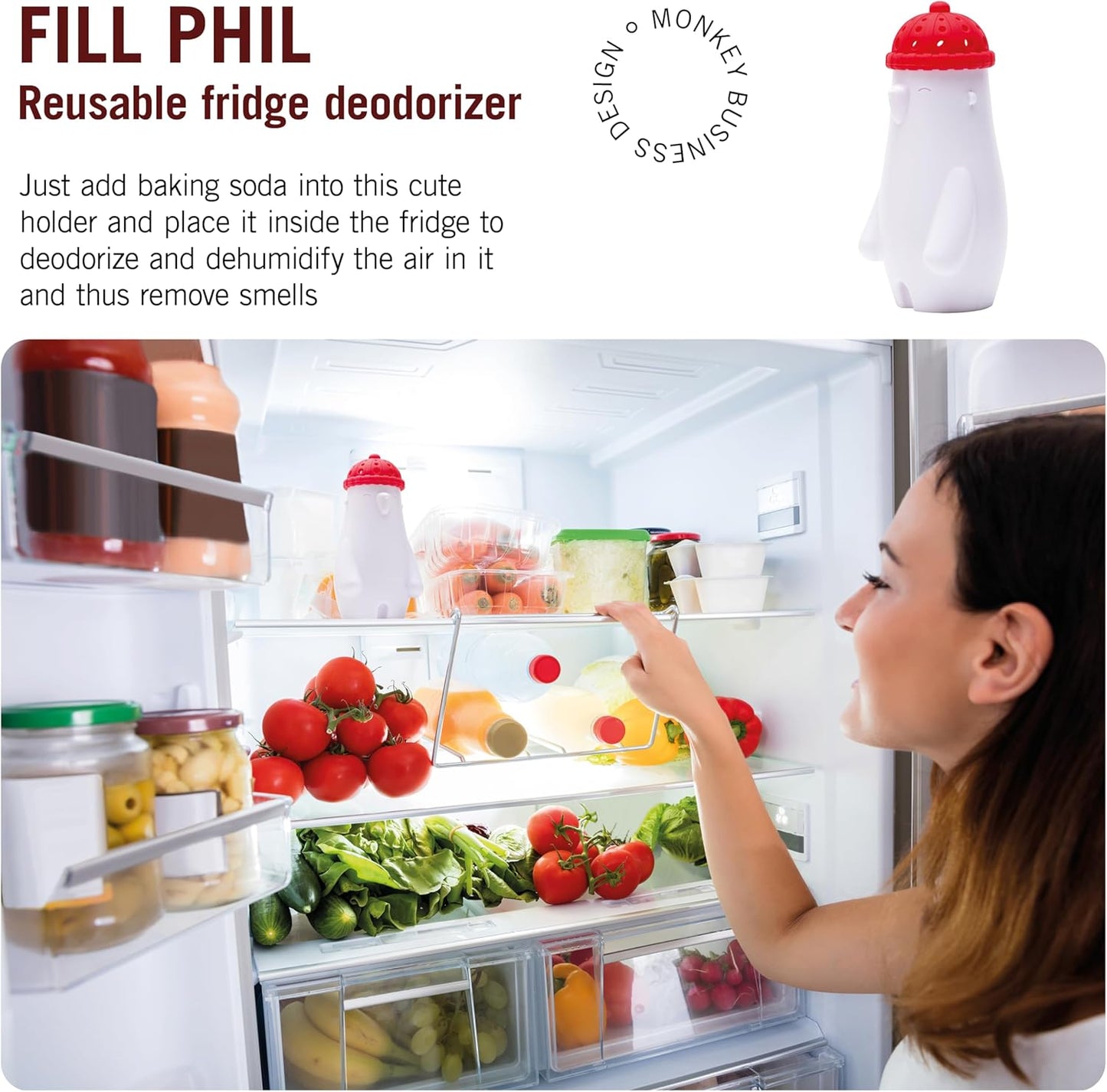 Monkey Business Fill Phil Refrigerator Deodorizer, Baking Soda Container, Baking Soda Fridge Deodorizer, Cute Gifts, Kitchen Gadgets