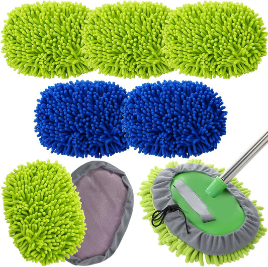 Layhit 5 Pcs Car Wash Mitt Set, Brush Not Included, Microfiber Mitt Cleaning Car Truck Washing Tools Kit RV Pickup Chenille Scratch Replacement (Royal Blue and Green)