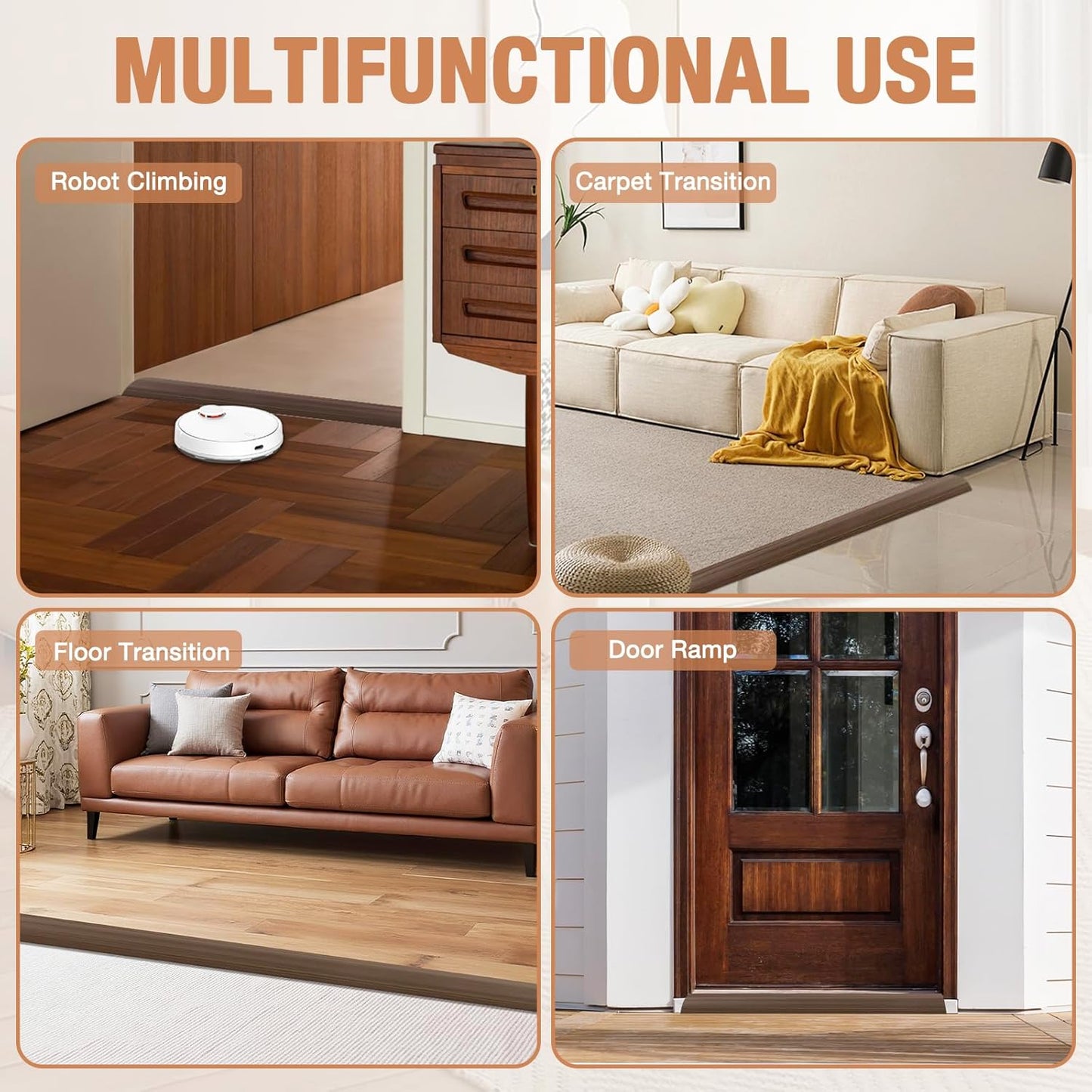 Floor Transition Strip Self Adhesive Vinyl Door Threshold for Doorways Carpet Edging Trim Overlap Edge Reducer for Laminate Floor, Carpet, Tile (Deep Brown Wood Grain, 1/5" to 2/5", 6.6Ft)