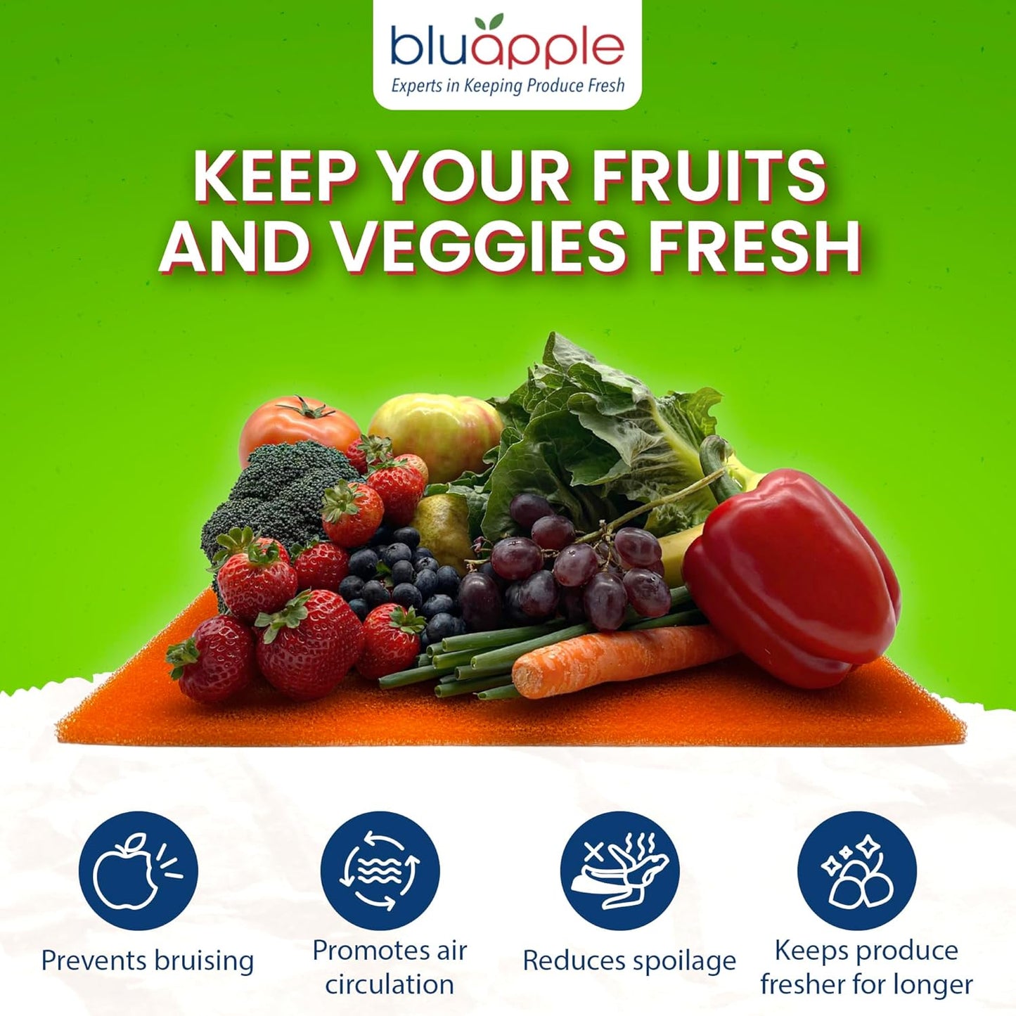 Bluapple FreshMats, Refrigerator Bin Liner, Fridge Drawer Mats, Crisper Life Extender Liner Keeps Produce Fresh Longer, Anti-Bruising, for Air Circulation, Washable & Reusable (4-Mats, 12x15, Orange)