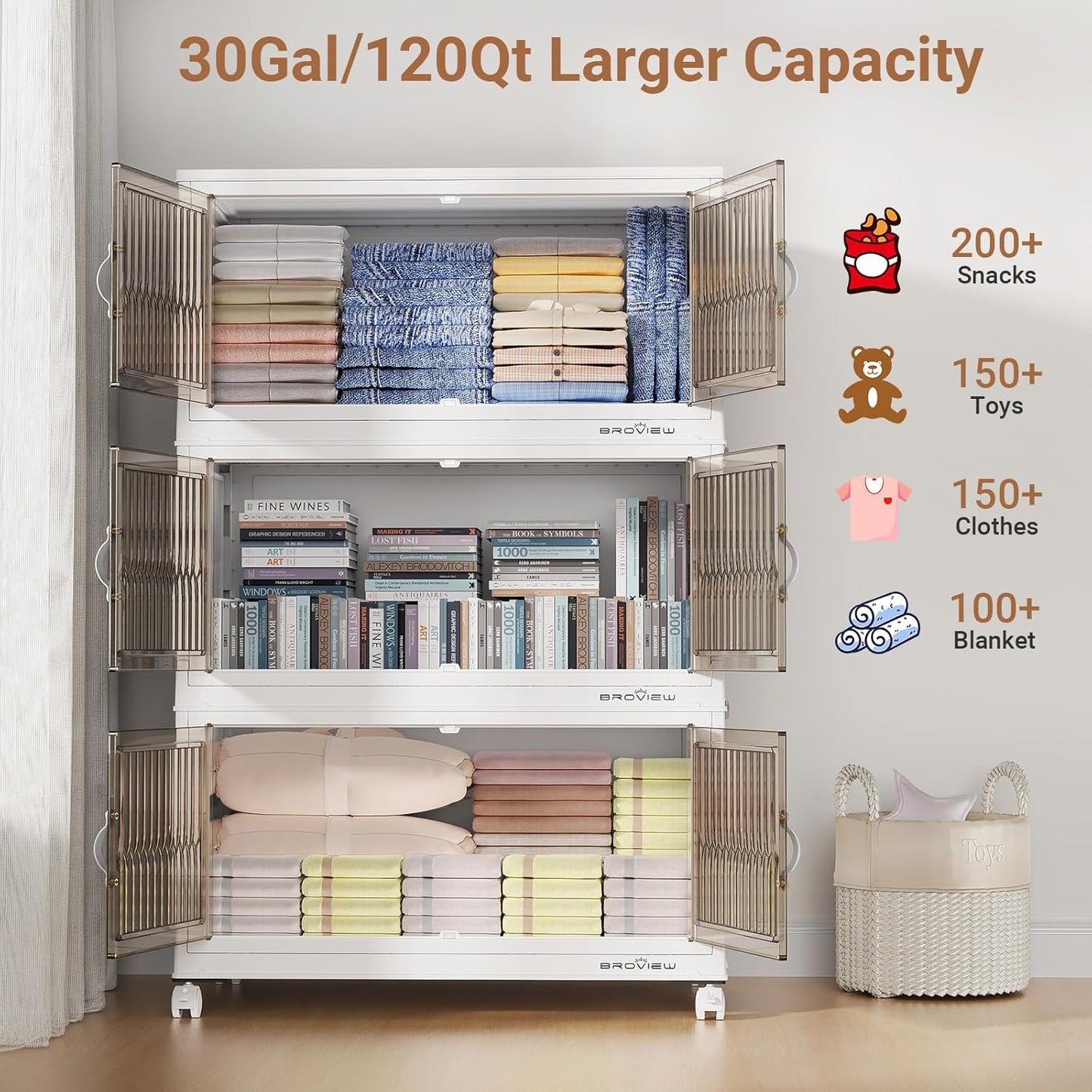 BROVIEW 360Qt Stackable Storage Bins with Lid, Extra Large Closet Organizer Collapsible Drawer Boxes with Wheels, Folding Plastic Cabinet Containers for Home Kitchen Room Organization, 3Pack White