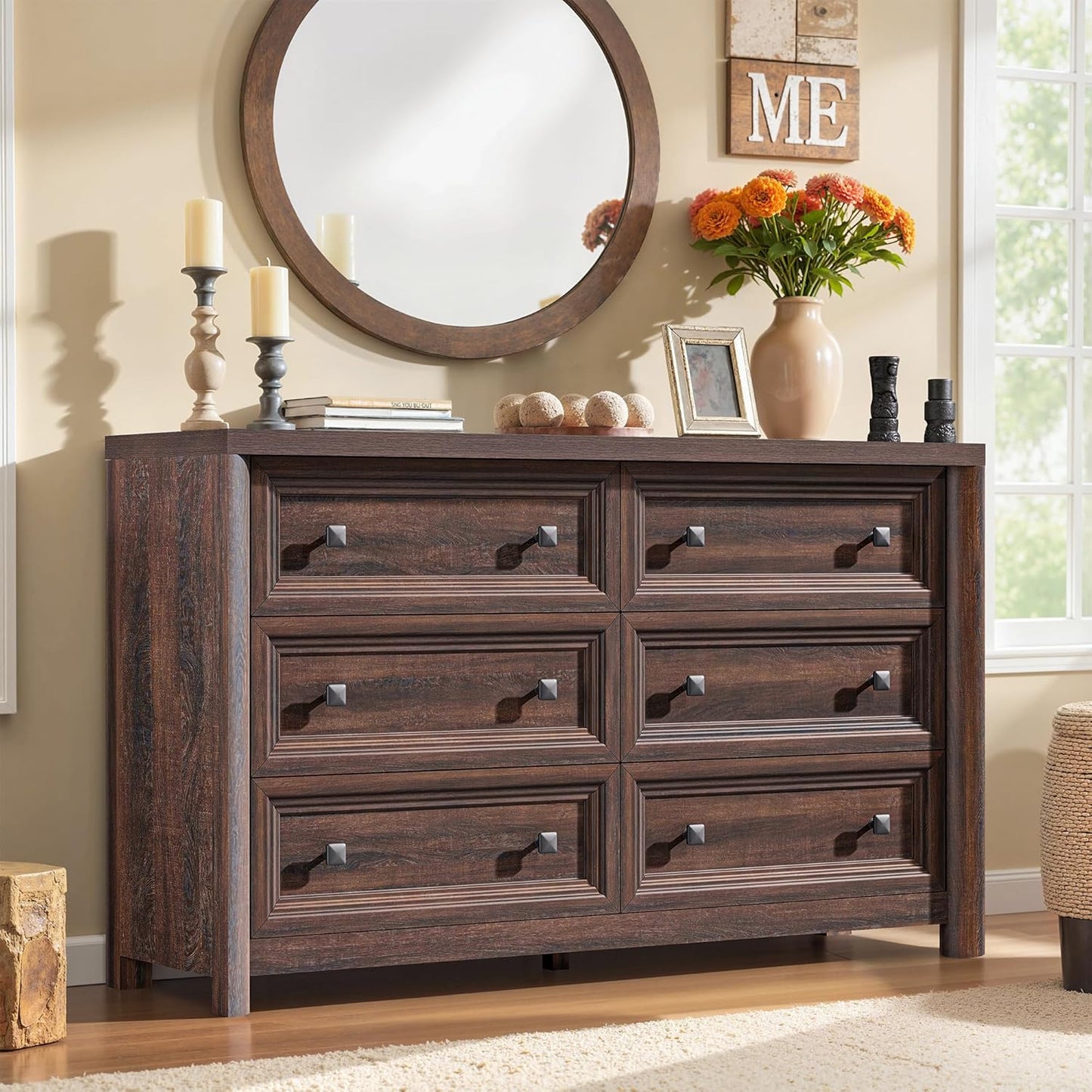 Farmhouse Walnut 6 Drawers Dresser for Bedroom, 52" Wide Chest of Drawers with Metal Knobs, Vintage Wooden Dresser TV Stand, Closet Drawer Organizer for Bedroom, Nursery