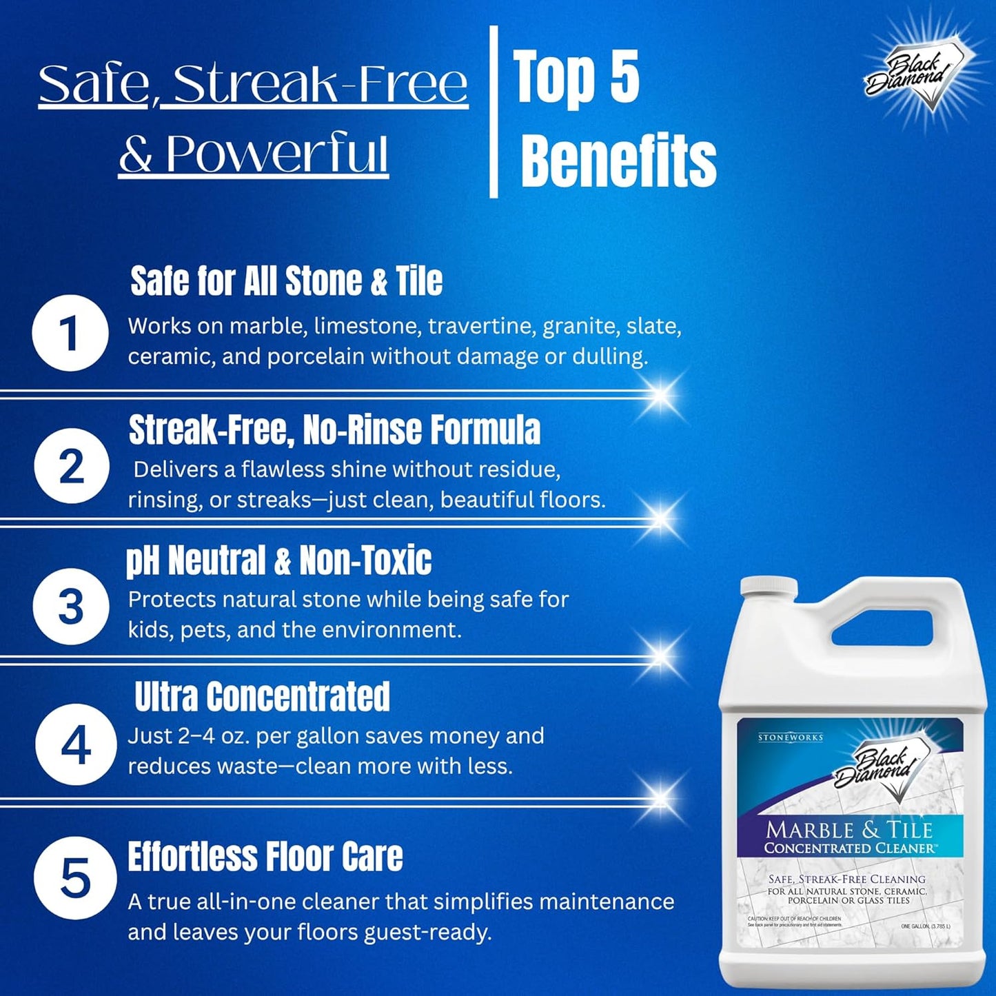 Black Diamond Stoneworks MARBLE & TILE FLOOR CLEANER. Great for Ceramic, Porcelain, Granite, Natural Stone, Vinyl and Brick. No-rinse Concentrate.(1-Gallon)