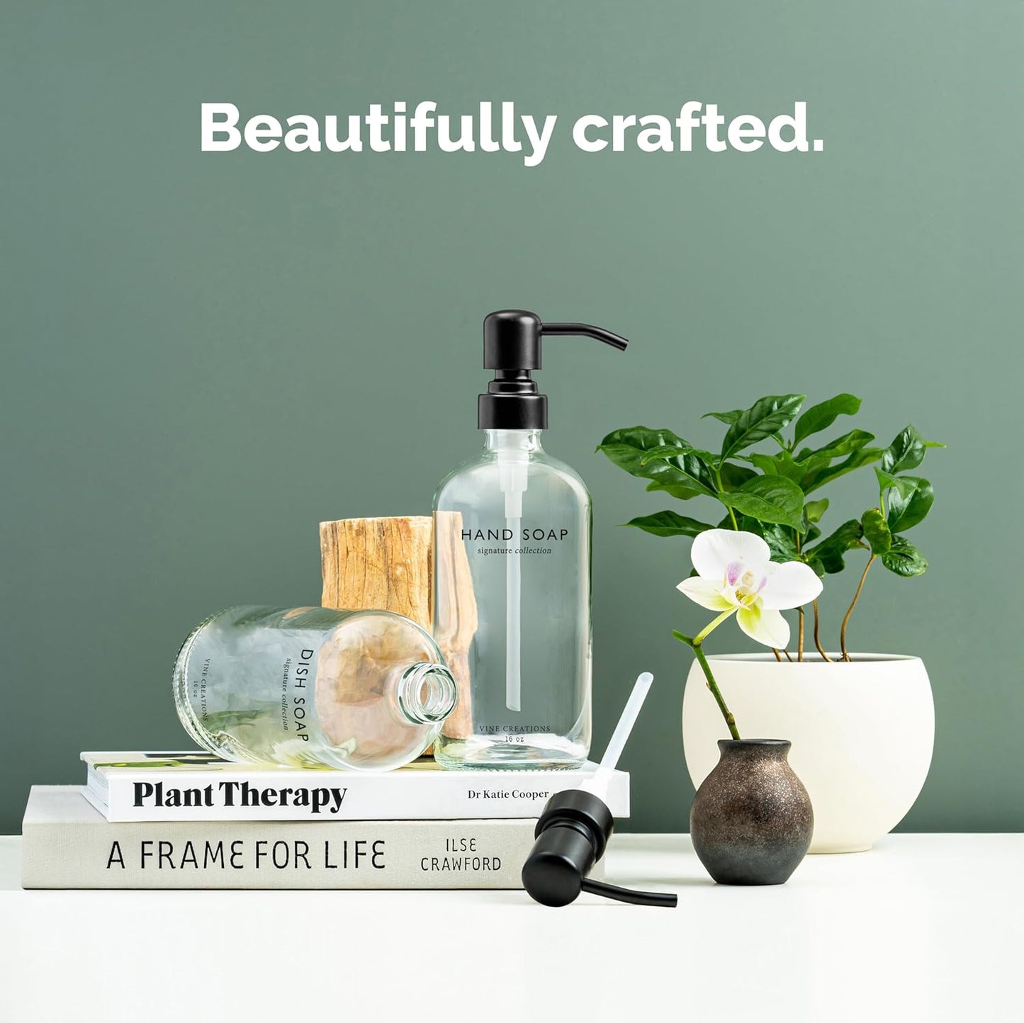 Vine Creations Clear Glass Soap Dispenser Set, Dish Soap and Hand Soap Dispenser Set with Stainless Steel Pump, 16 oz Glass Dispensers for Kitchen Bathroom Decor (Clear Bottle/Matte Black Pump)