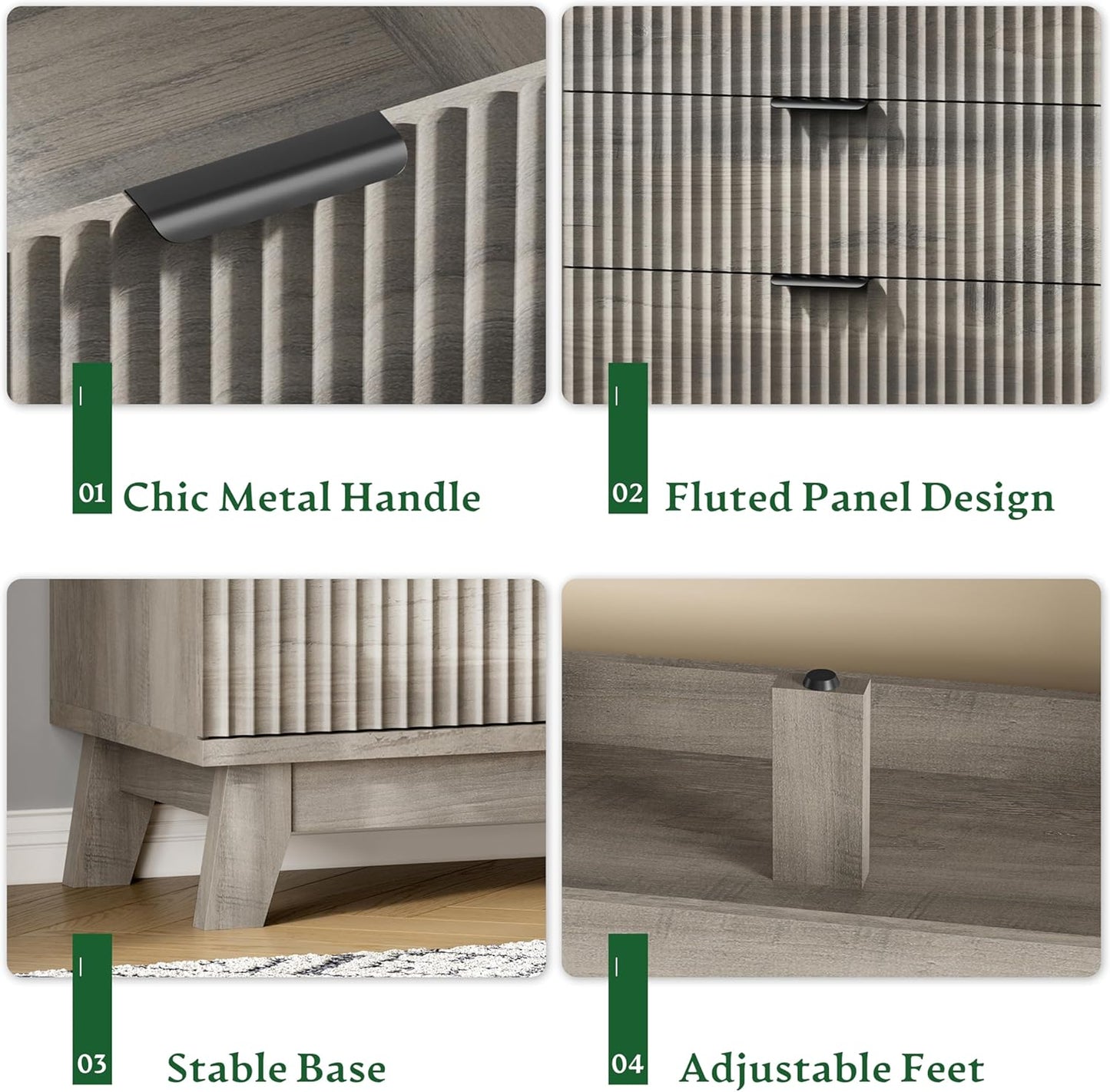 Fluted Dresser with 9 Drawers, 63" Wide Modern Chest of Drawers with Metal Handle, Wooden Dresser TV Stand, Wood Closet Clothes Storage Organizer for Bedroom, Living Room, Hallway, Light Grey