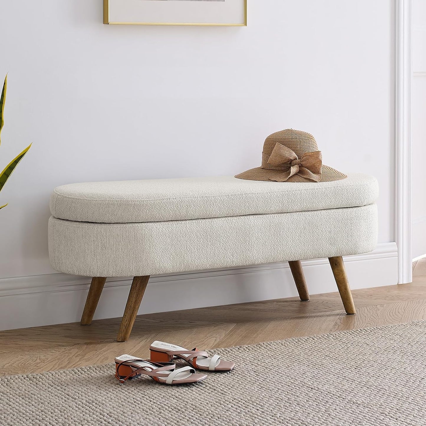 Furnimart 43.5" Queen Size Storage Bedroom Bench for End of Bed, Faux Linen Upholstered Storage Ottoman with Solid Wood Leg for Bedroom,Living Room, Entryway, Beige