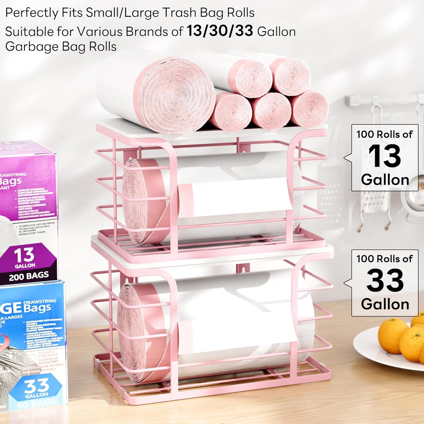 2 Pack Extra Large Stackable Pantry Storage with Bamboo Top,Wall Mount Trash Bag Dispenser Roll Holder for Kitchen Pantry Laundry Room,Pink