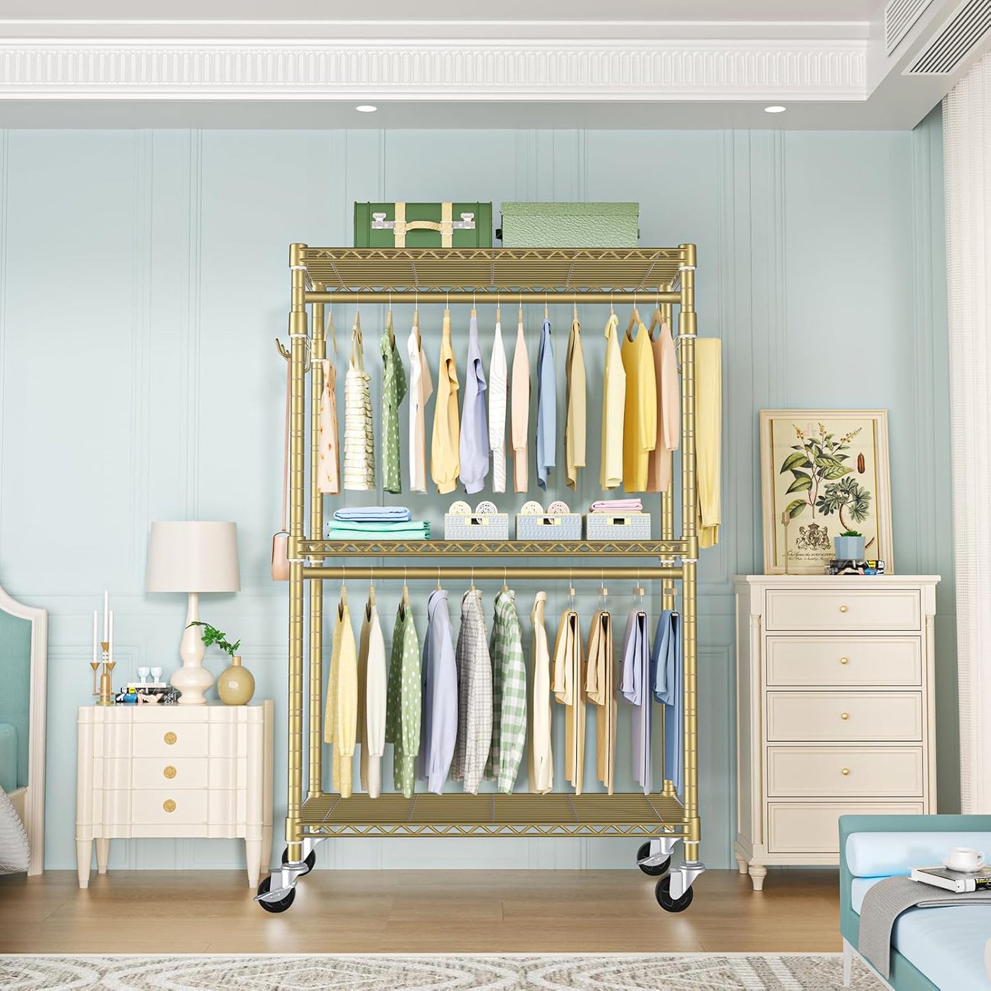 FUTASSI P1 Rolling Clothes Rack, Movable Metal Garment Closet Organizer with Lockable Wheels, Clothing Wardrobe with Double Hanger Rods and Hooks, 35.4" W x 15.7" D x 80.5" H, Load 450lbs, Gold