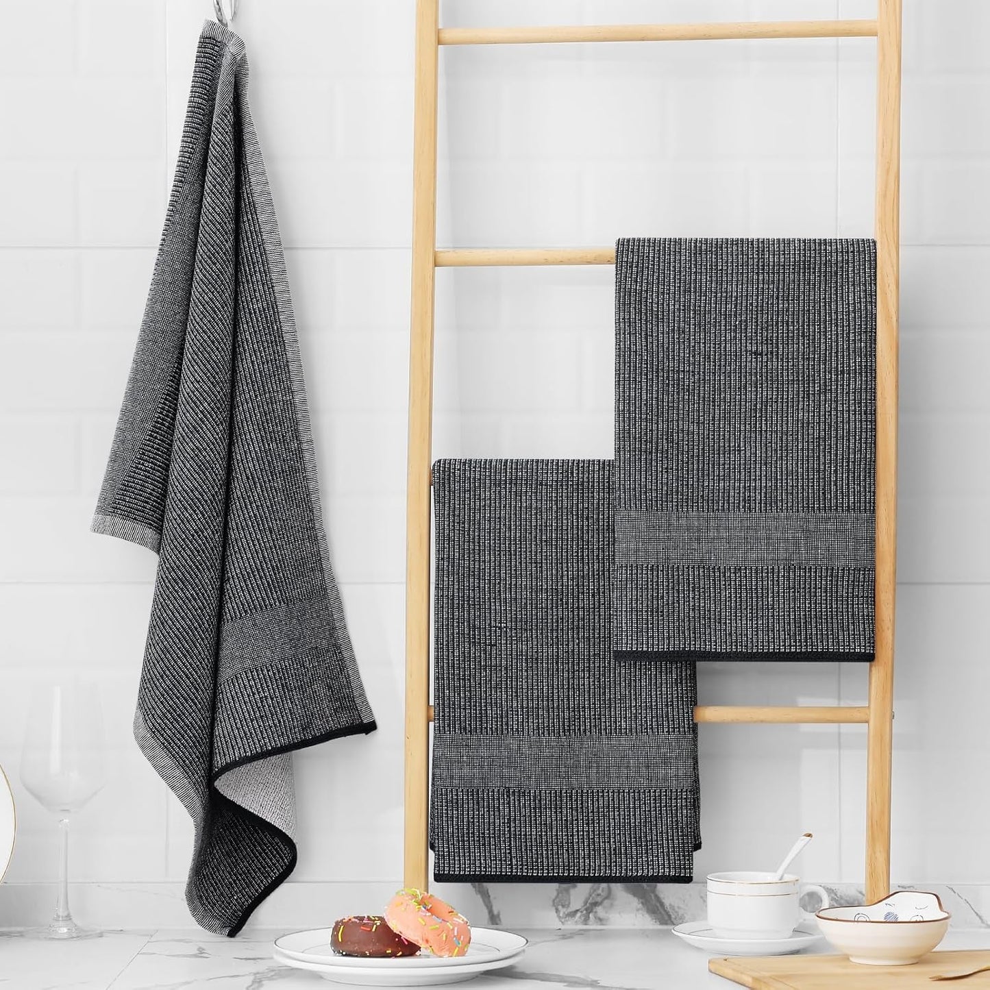 Homaxy Premium Kitchen Towels(18”x 28”, 12 Pack), Large Cotton Kitchen Hand Towels, Flat and Terry Dish Towels, 380 GSM Highly Absorbent Tea Towel Set with Hanging Loop, Black