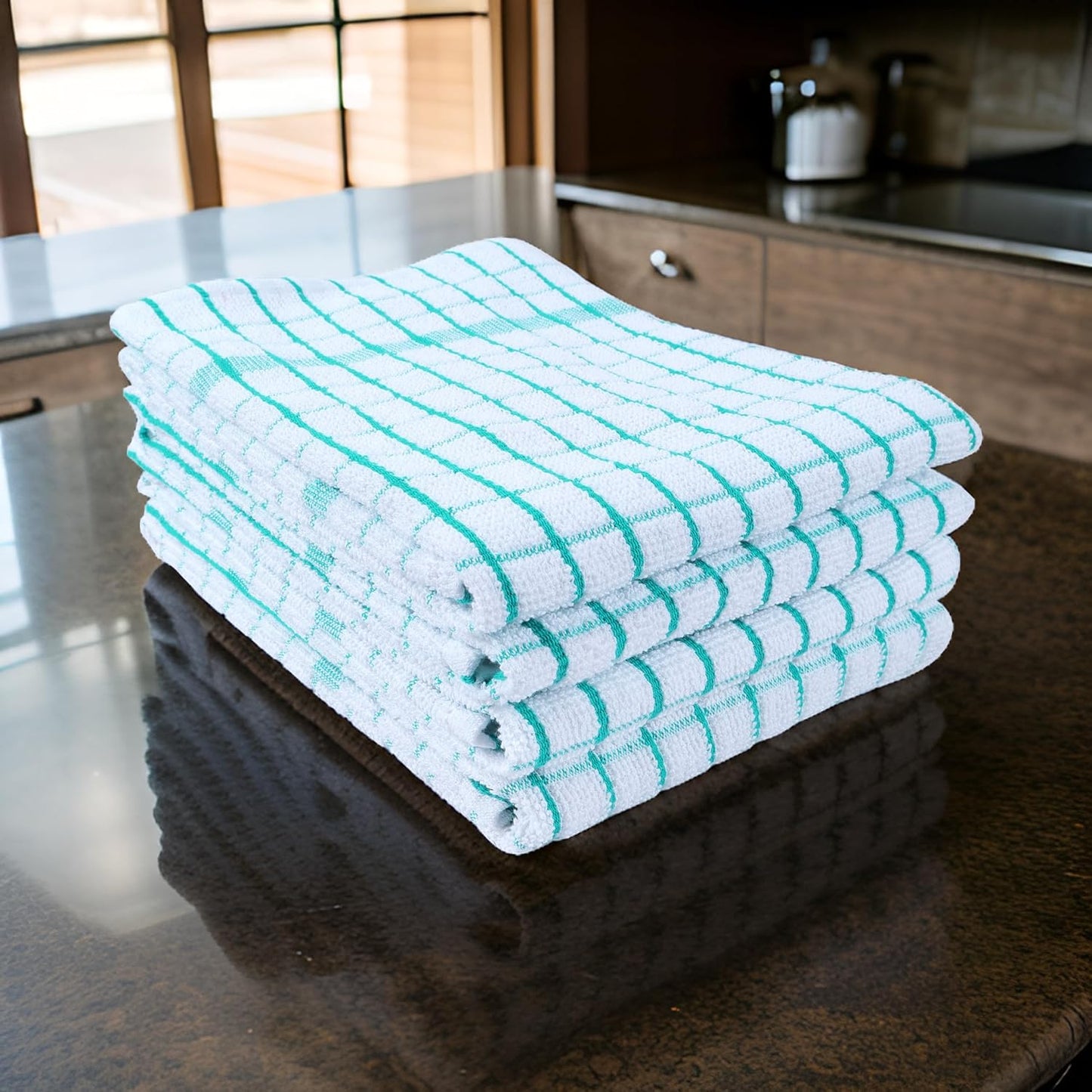 AMOUR INFINI Kitchen Towels Set of 4 - Highly Absorbent, Super Soft Terry Cotton 20x28 Inch Dish Towels with Hanging Loop - Hand & Tea Towels for Cleaning & Drying Dishes (Teal)