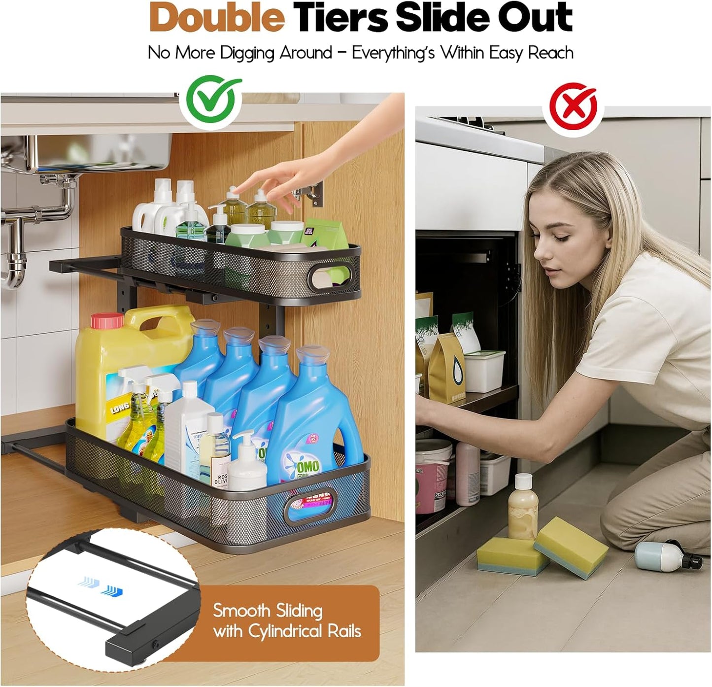 2 Pack 17.3IN-Depth Under Sink Organizer with Smooth Cylindrical Rail,2-Tier Pull Out Multi-Purpose Cabinet Storage for Bathroom&Kitchen,Height Adjustable,Rust-Resistant Coating-Black