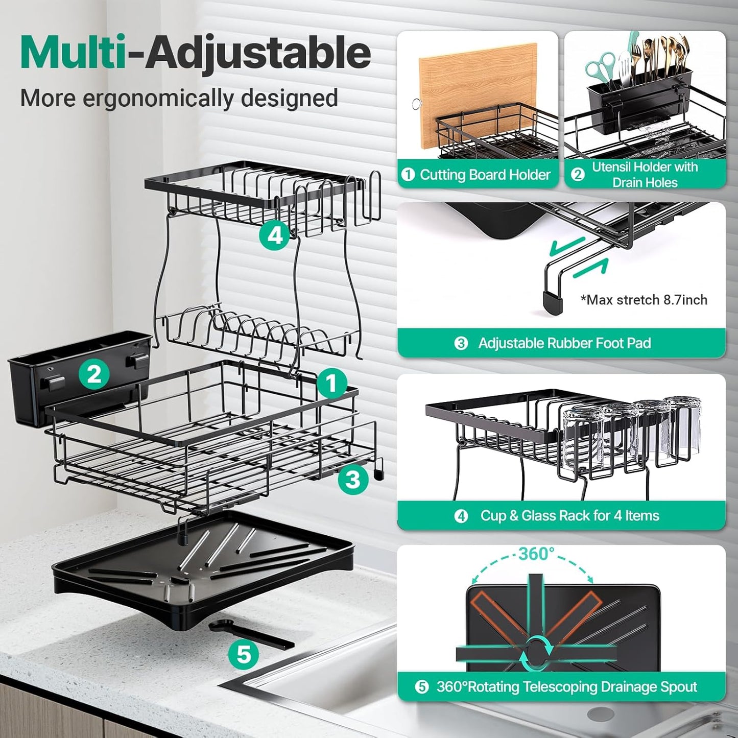 2 Tier Expandable Dish Drying Rack, Large Stainless Steel Dish Drying Rack Drainers for Kitchen Counter, Upgrade Dish Drainer with Utensil Holder, Drainboard & Cups Holder, Anti-Rust & Space Saving
