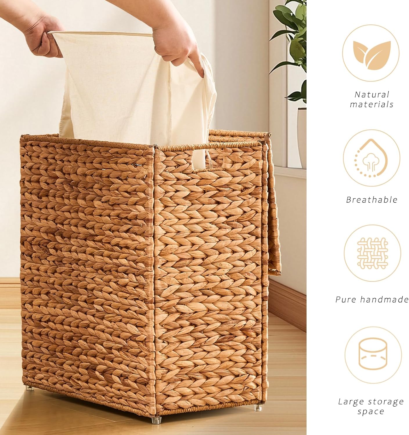Handwoven Laundry Basket with Lid, Natural Water Hyacinth Storage Basket with Handle, Removable Cotton Liner, Durable and Stylish for Bedroom, Bathroom, Laundry Room