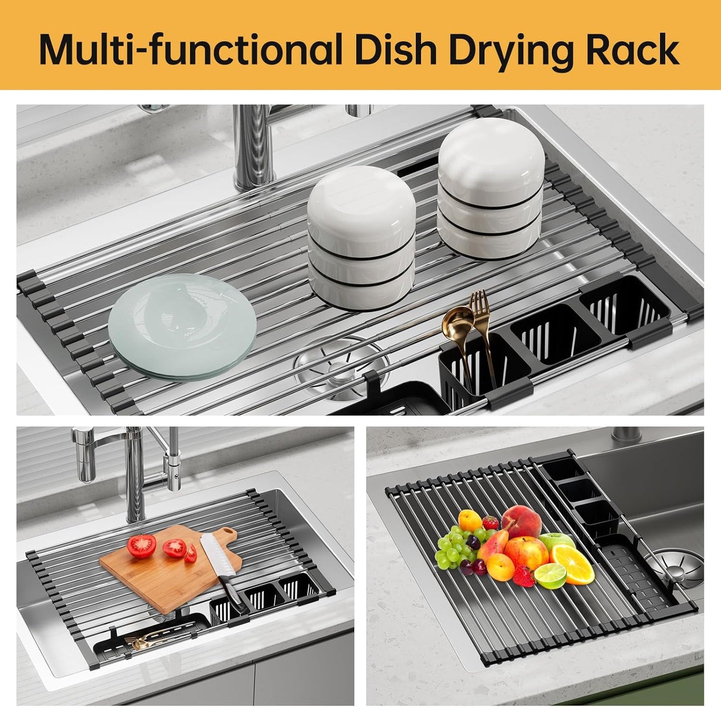 Expandable Over Sink Dish Drying Rack, Large Roll Up Dish Drying Rack with 2 Storage Baskets, Rolling Drain Mats for Kitchen Sink Counter, BPA-Free(12-22 * 15.3'', Black)