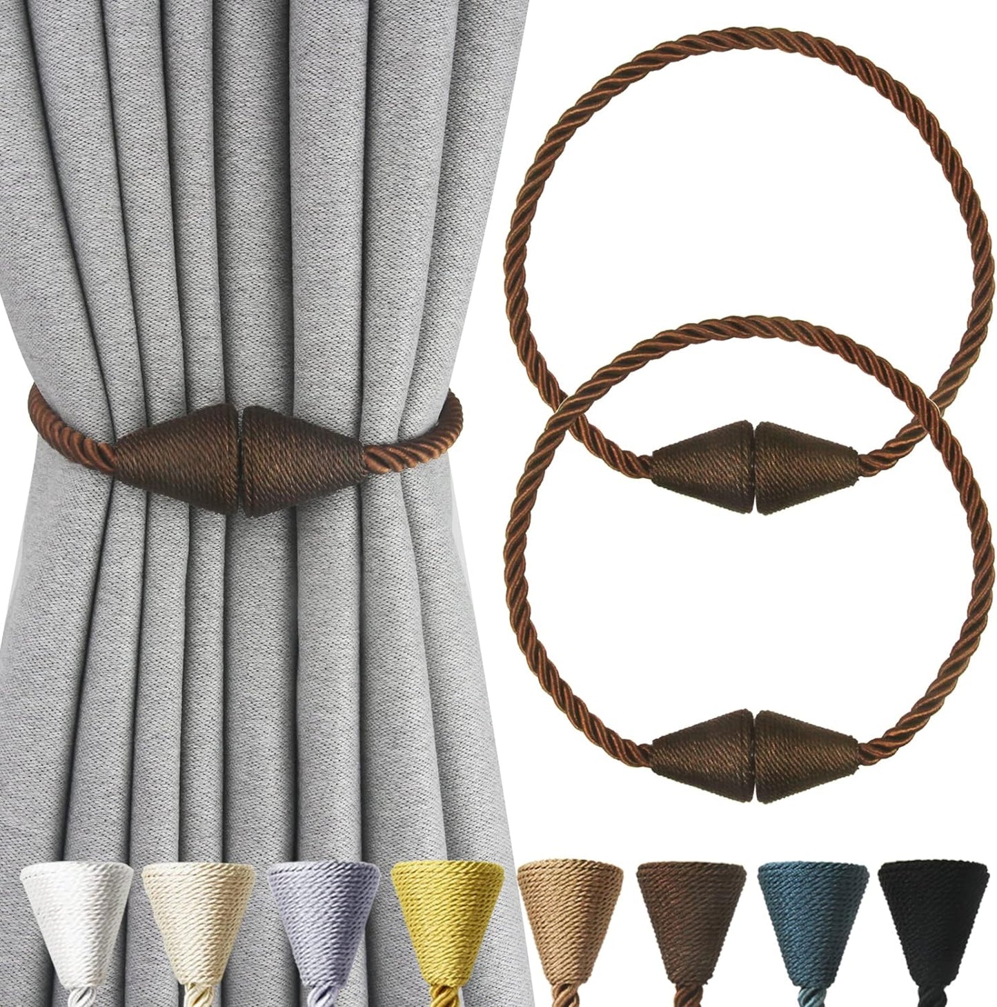2 Pack Magnetic Curtain Tiebacks Rope Modern Handmade Curtain Tie Backs Decorative Drapes Weave Holdbacks for Window Décor, Coffee