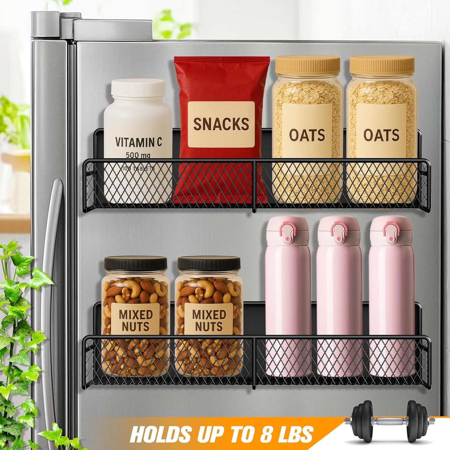 2 Pack Magnetic Spice Rack for Refrigerator, Black Magnetic Shelf with 4 Removable Hooks, Rustproof Magnetic Shelf for Fridge, Oven, Condiments, Oils, Seasoning Spice Organizer