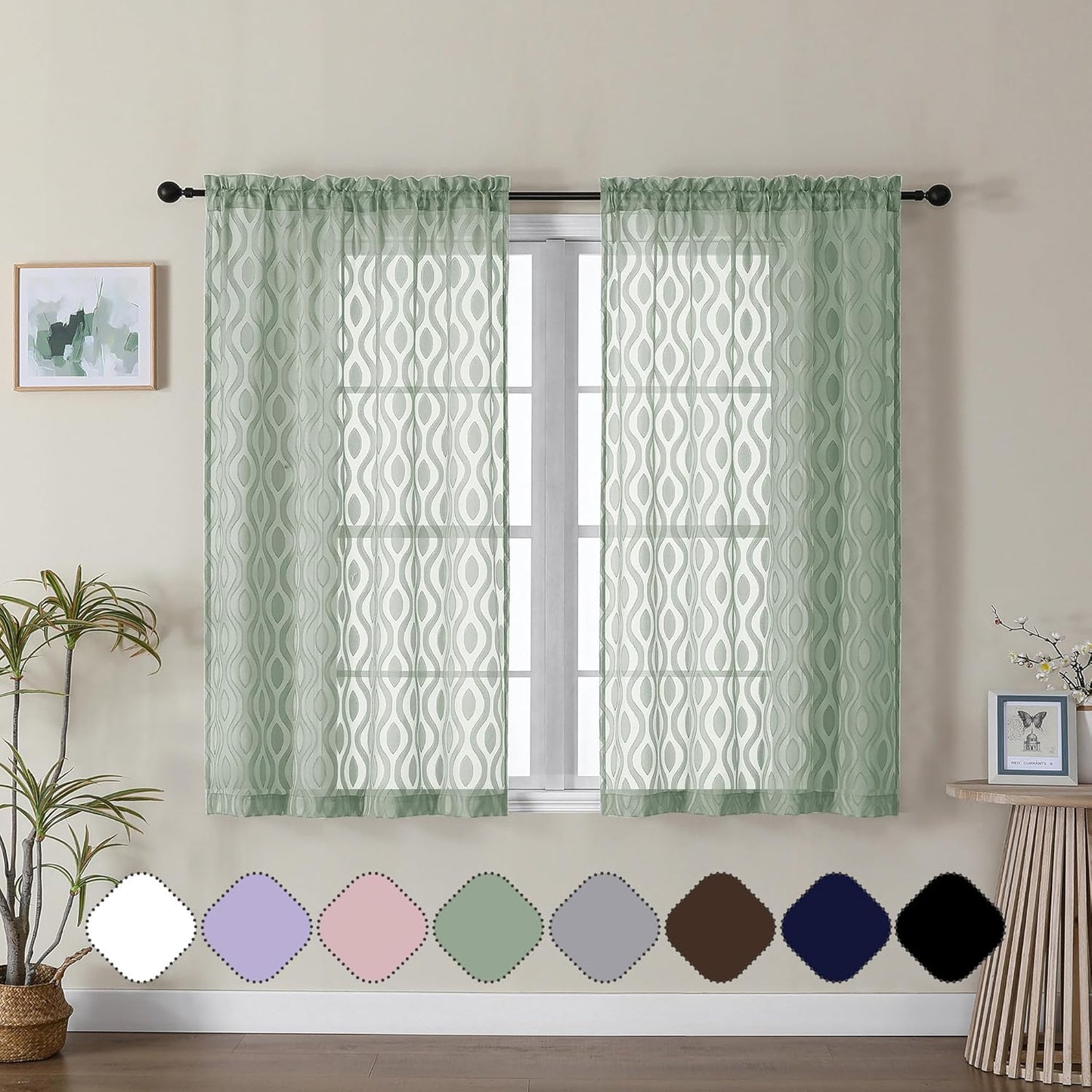 Aiyufeng Sage Green Curtains 45 Inch Length 2 Panels Set, Farmhouse Clip Jacquard Textured Short Sheer Curtains, Lightweight Chic Wavy Line Window Curtain Panels for Bedroom, 40" Wx45 L Inches