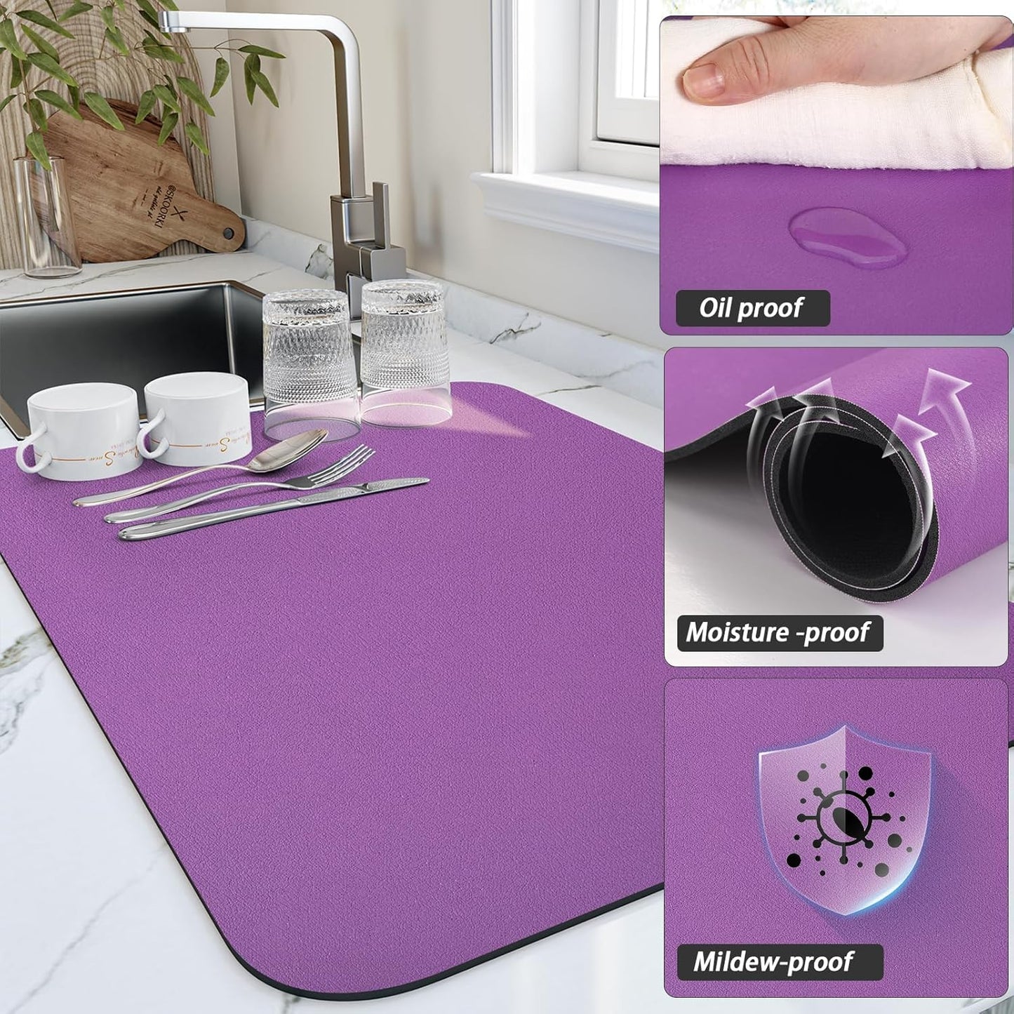 Dish Drying Mat for Kitchen Counter, Heat Resistant Drainer Mats with Non-slip Rubber Backed, Hide Stain Kitchen Super Absorbent Draining Mat, Easy to Clean Dish Rack Pad, Purple 16"x18"