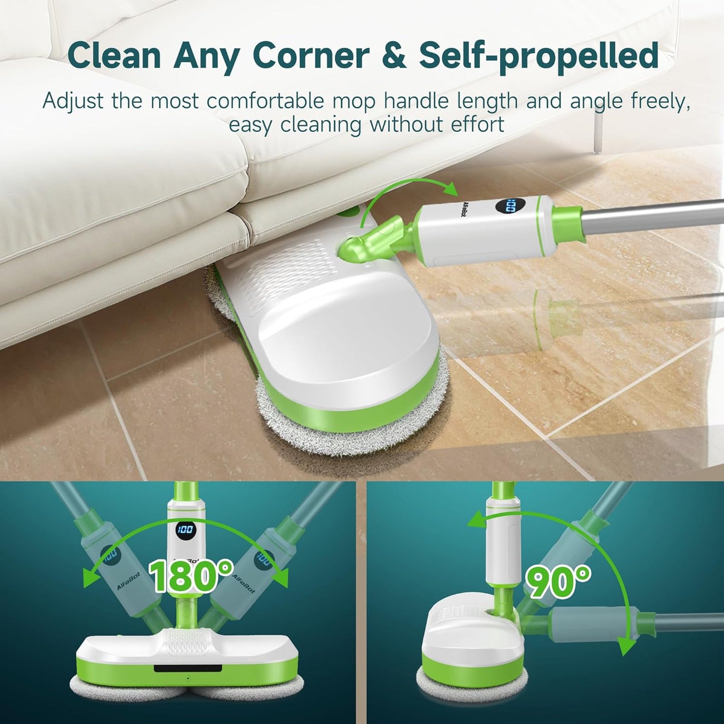 AlfaBot Cordless Electric Mop for Floor Cleaning, Dual Spin Mop with LED Headlight/Water Spray/Self-Propelled,Clean up to 2700 ft²,Rechargeable Electric Mops with Big Water Tank for Multi Floors