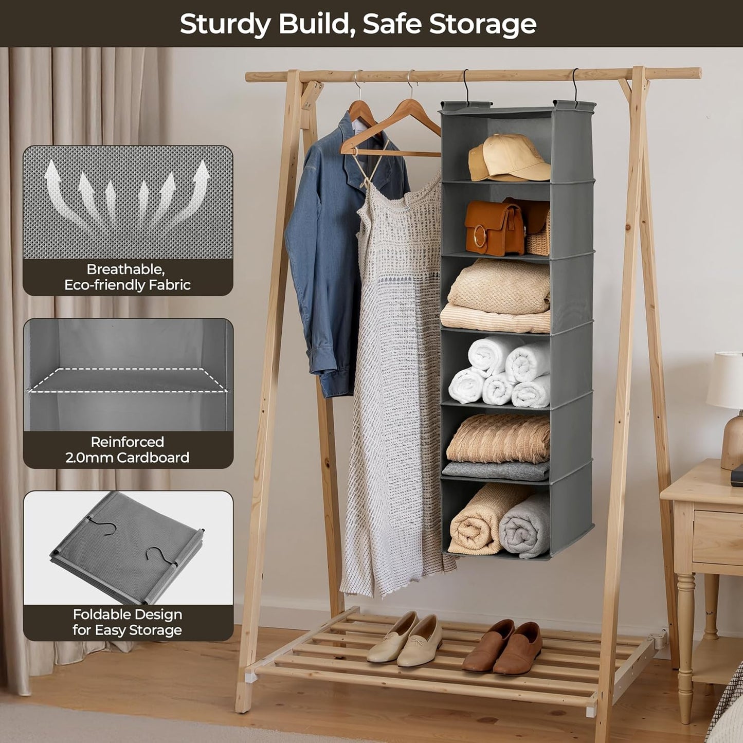 GRANNY SAYS 6 Shelf Hanging Closet Organizers and Storage, Collapsible Closet Hanging Organizer with 2 Sturdy Hooks, Large Hanging Shelves for Closet, Bedroom, Dark Gray