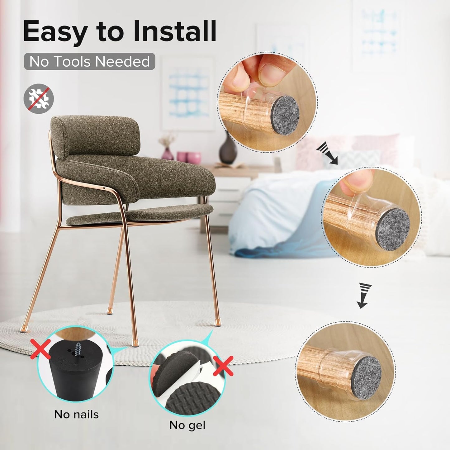 24PCS Upgraded Silicone Chair Leg Floor Protectors for Hardwood Floors, Furniture Sliders for Chair Legs, Felt Bottom Furniture Pads, Anti-Slip Round&Square Cap Covers to Scratch and Reduce Noise