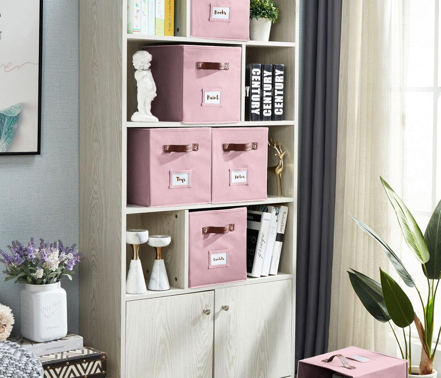 DECOMOMO Storage Bins, Cube Storage Bin with Labels, Fabric Storage Cubes for Shelves (10.5" x 11" / 6pcs, Pink)
