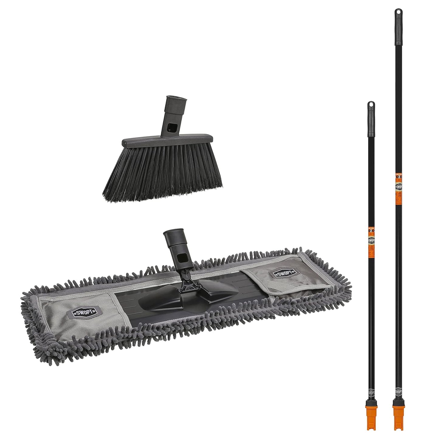SWOPT 24” Microfiber Dust Mop, Angle Broom + 48” & 60" Steel Handles, Combo — Cleaning Heads with Long Handles Interchangeable with All SWOPT Cleaning Products — Clean Hard-to-Reach Areas