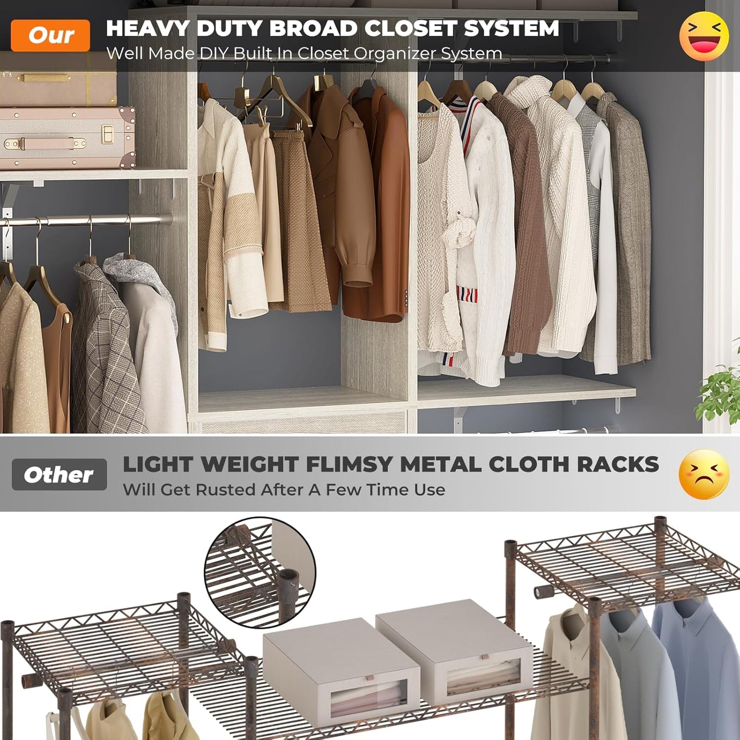 Armocity 5FT Small Closet System with 3 Fabric Drawers, 60'' Walk In Closet Organizer System With 3 Adjustable Shelves, Heavy Duty Clothes Rack Built-In Garment Rack, 59" L x 16" W x 71"H, White Oak
