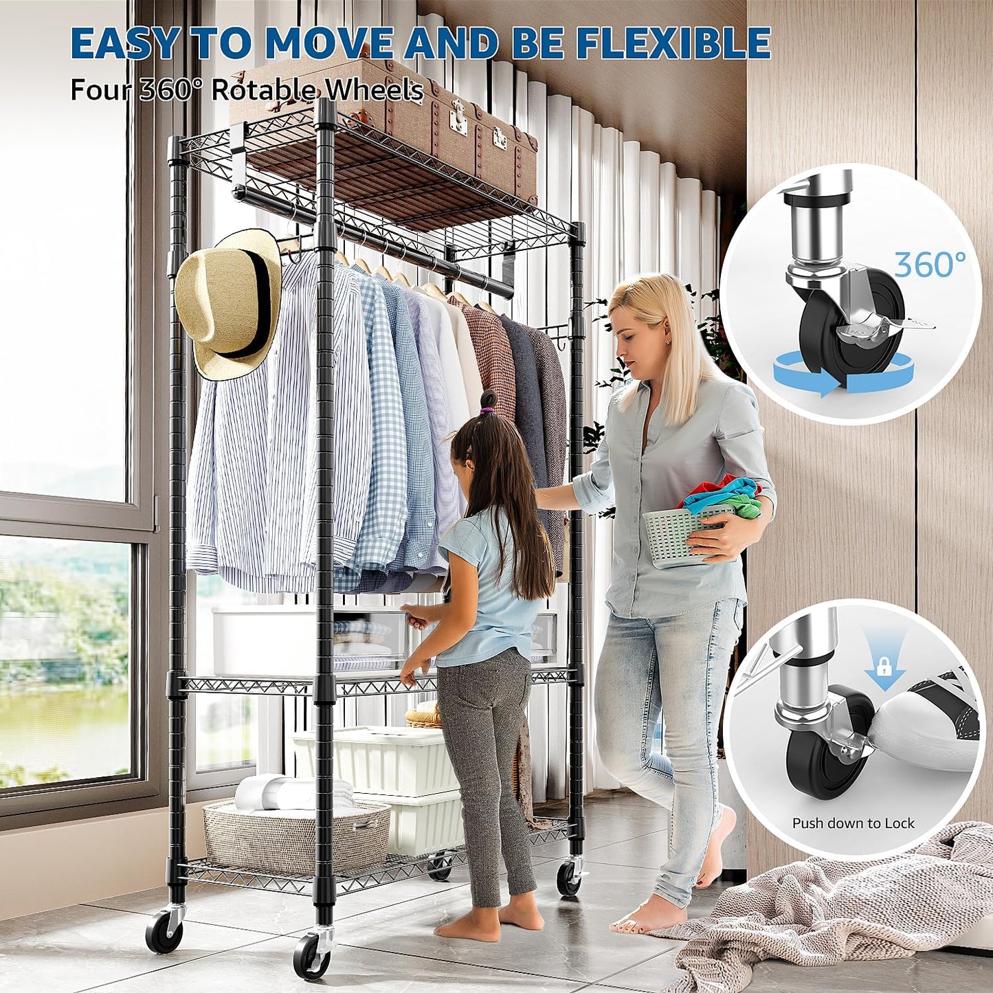 Heavy Duty Rolling Garment Rack 3 Tiers Adjustable Wire Shelving Clothes Rack with Rods and Side Hooks,Storage Closet Clothing Rack with Wheels Black 15.7" D x 29.5" W x 74.5" H