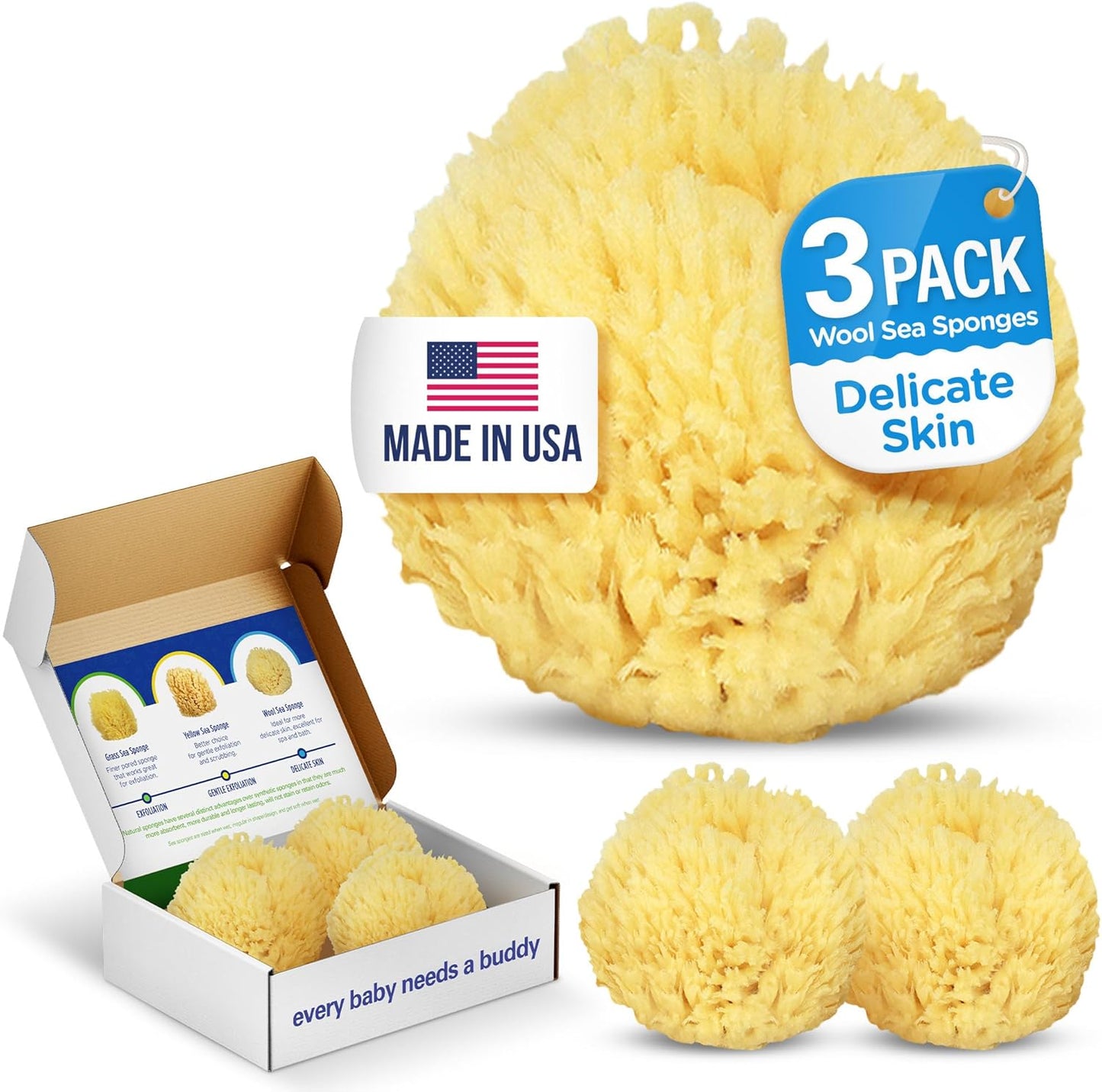 Baby Buddy Natural Bath Sponge, Ultra-Soft Sea Wool, Gentle on Baby's Skin, Hypoallergenic, Biodegradable, 3-Pack, 4in for Baby & Infant Bath Time