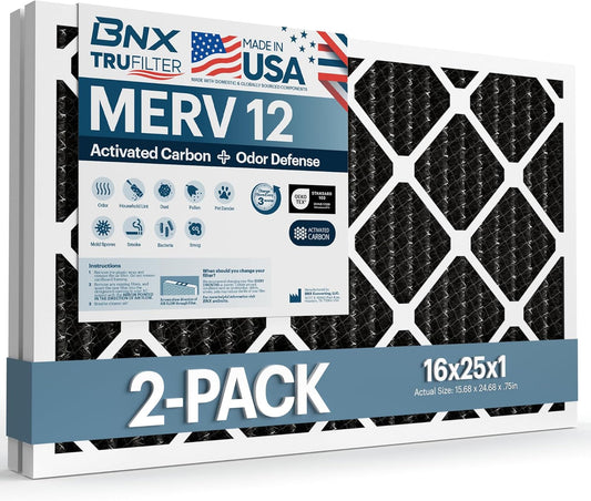 BNX TruFilter 16x25x1 MERV 12 Odor Defense (2-Pack) AC Furnace Air Filter with Activated Carbon - MADE IN USA - Pleated Air Conditioner HVAC AC Furnace Filters - Removes Odor, Mold, Bacteria, Smoke